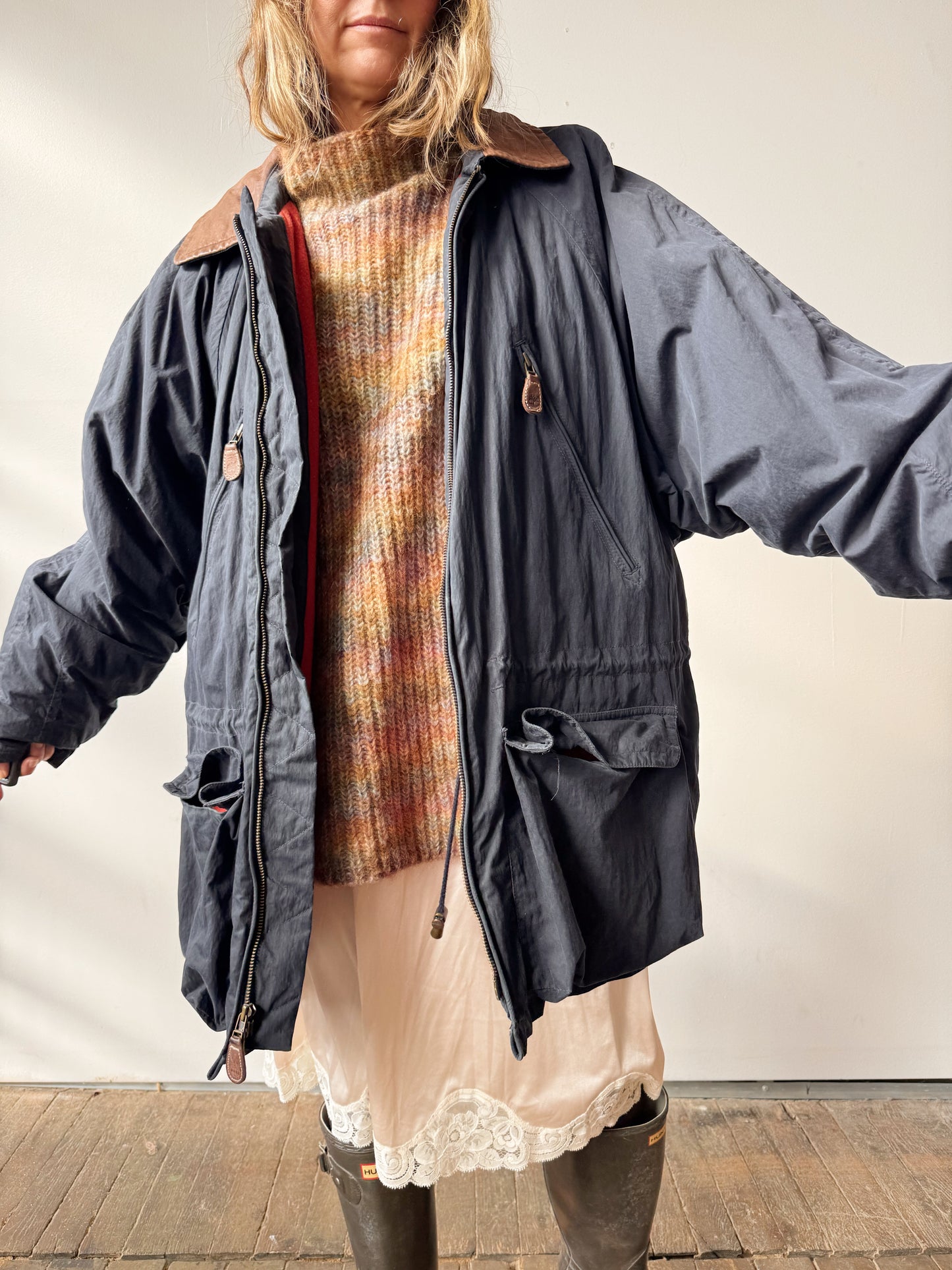 90s Timberland Weathergear Navy and Leather Jacket (Mens L)