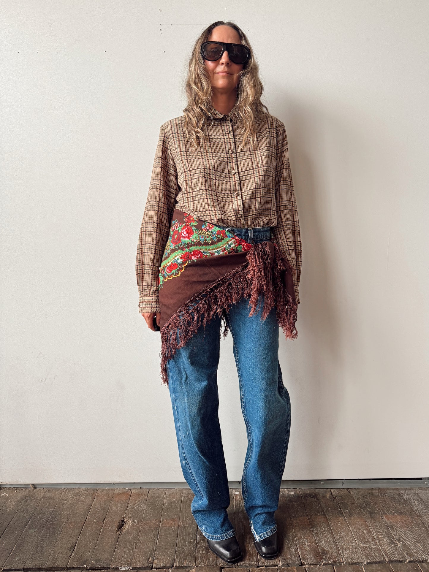 Brown Floral Oversize Fringe Scarf (35x35")