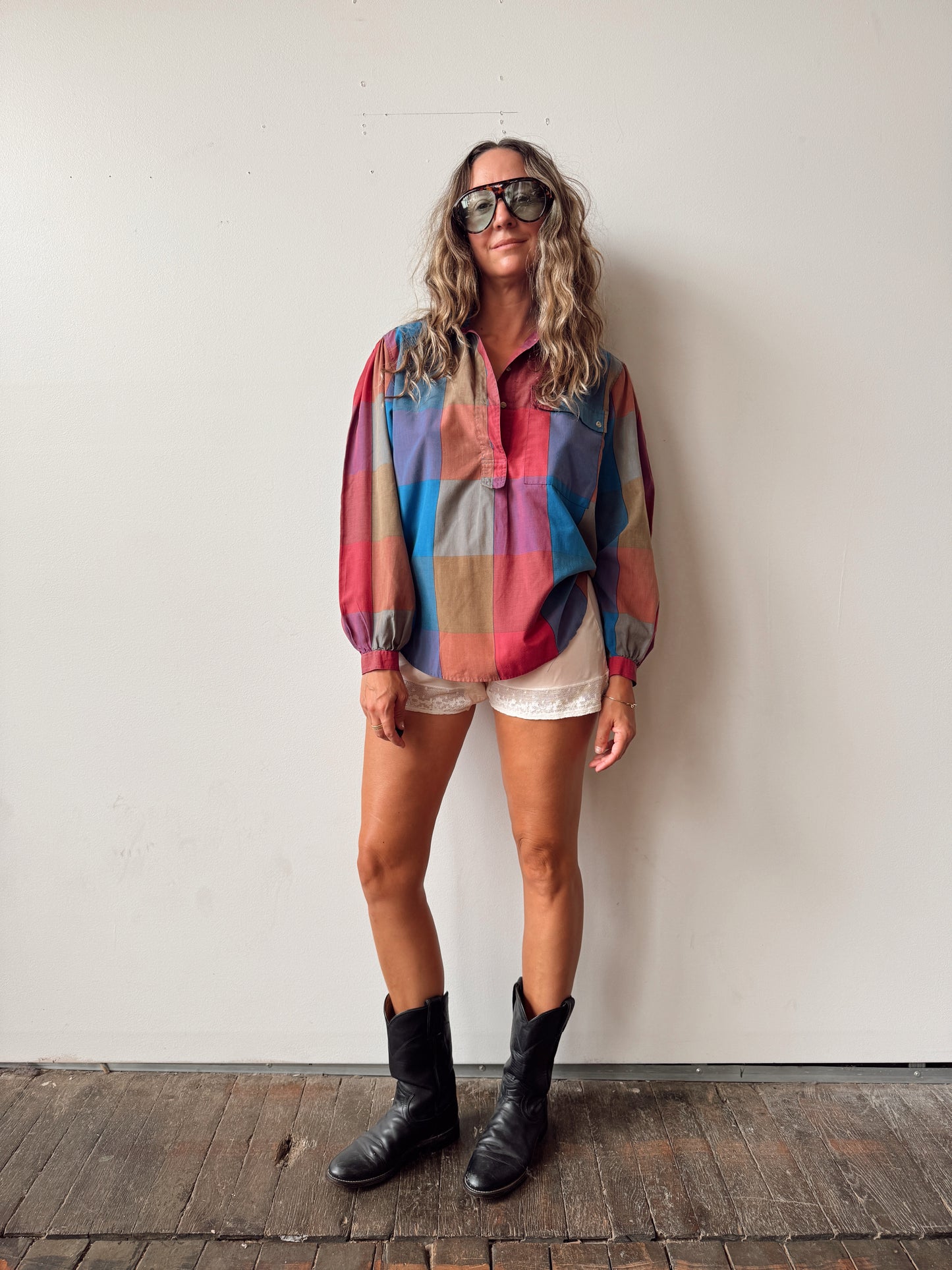 Mulitcolored Plaid Patchwork 90s Blouse (S)
