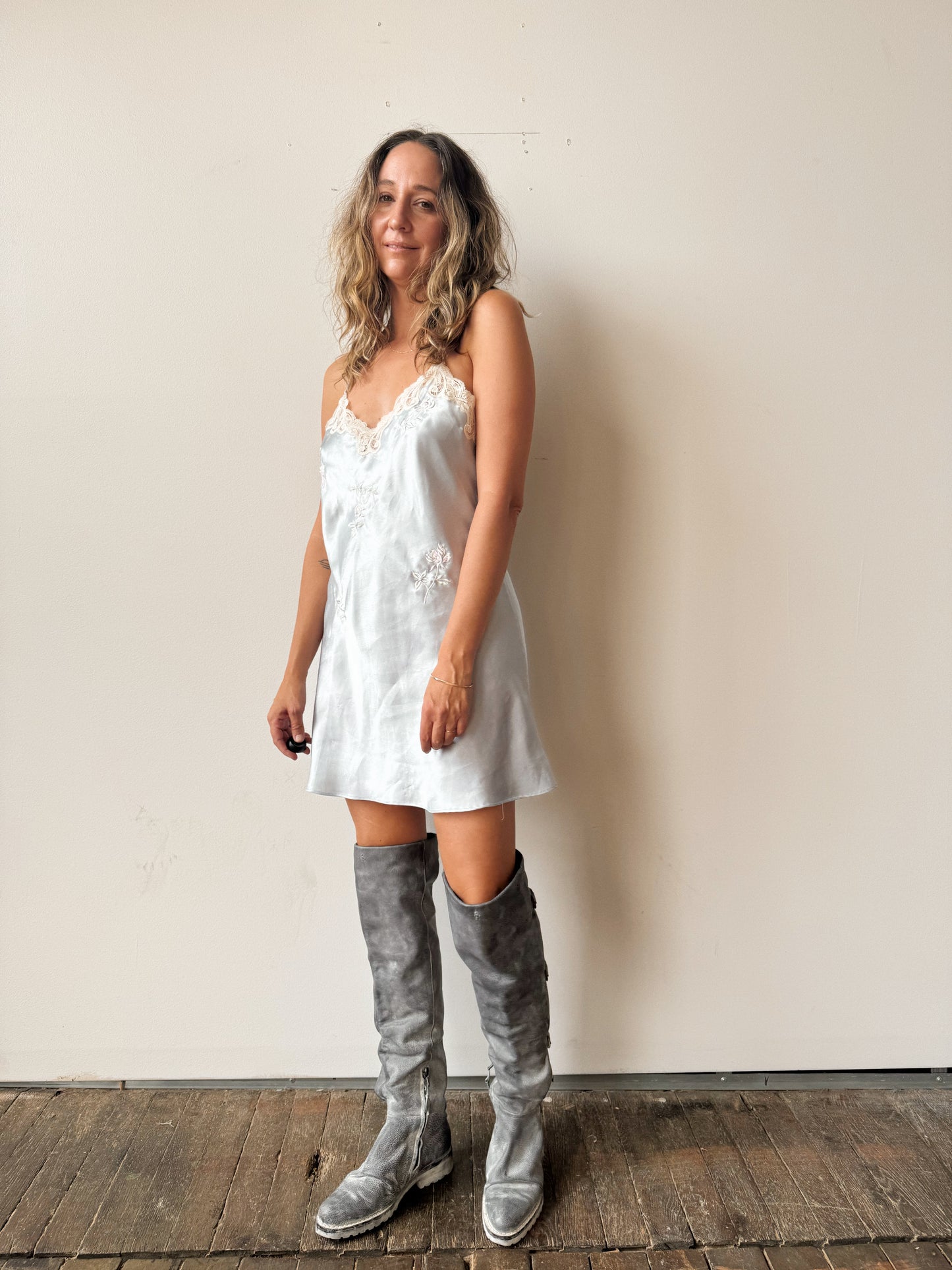 80s Embroidered Satin Baby Blue Slip Dress (S)