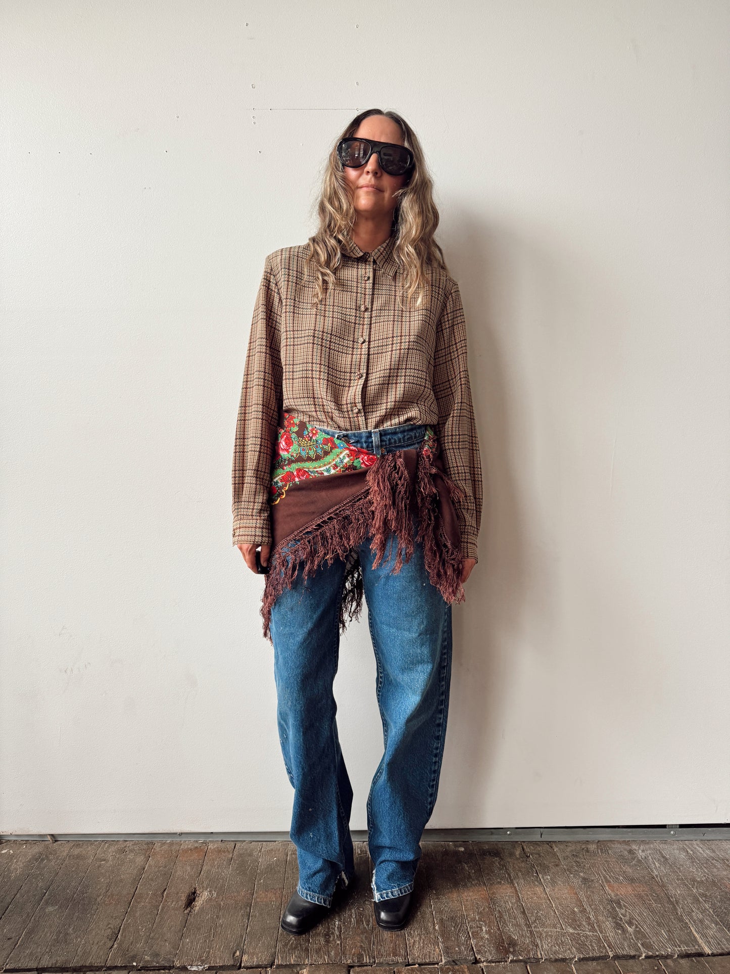 Brown Floral Oversize Fringe Scarf (35x35")