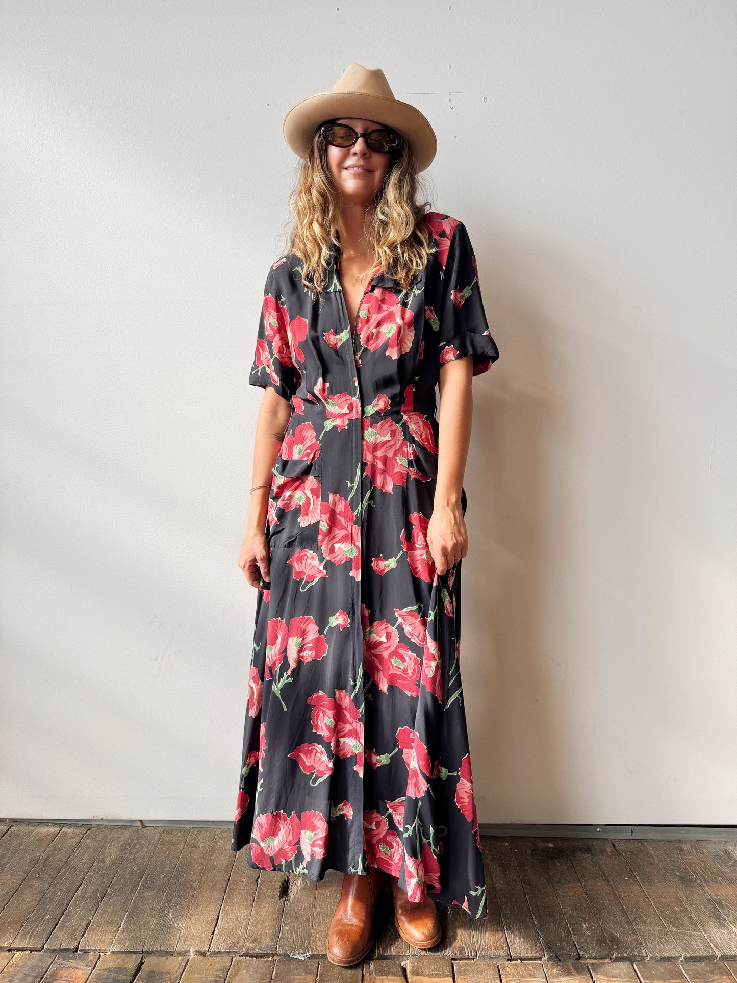 Saybury Vintage 1940's Poppy Flower Print Rayon Dress (S)