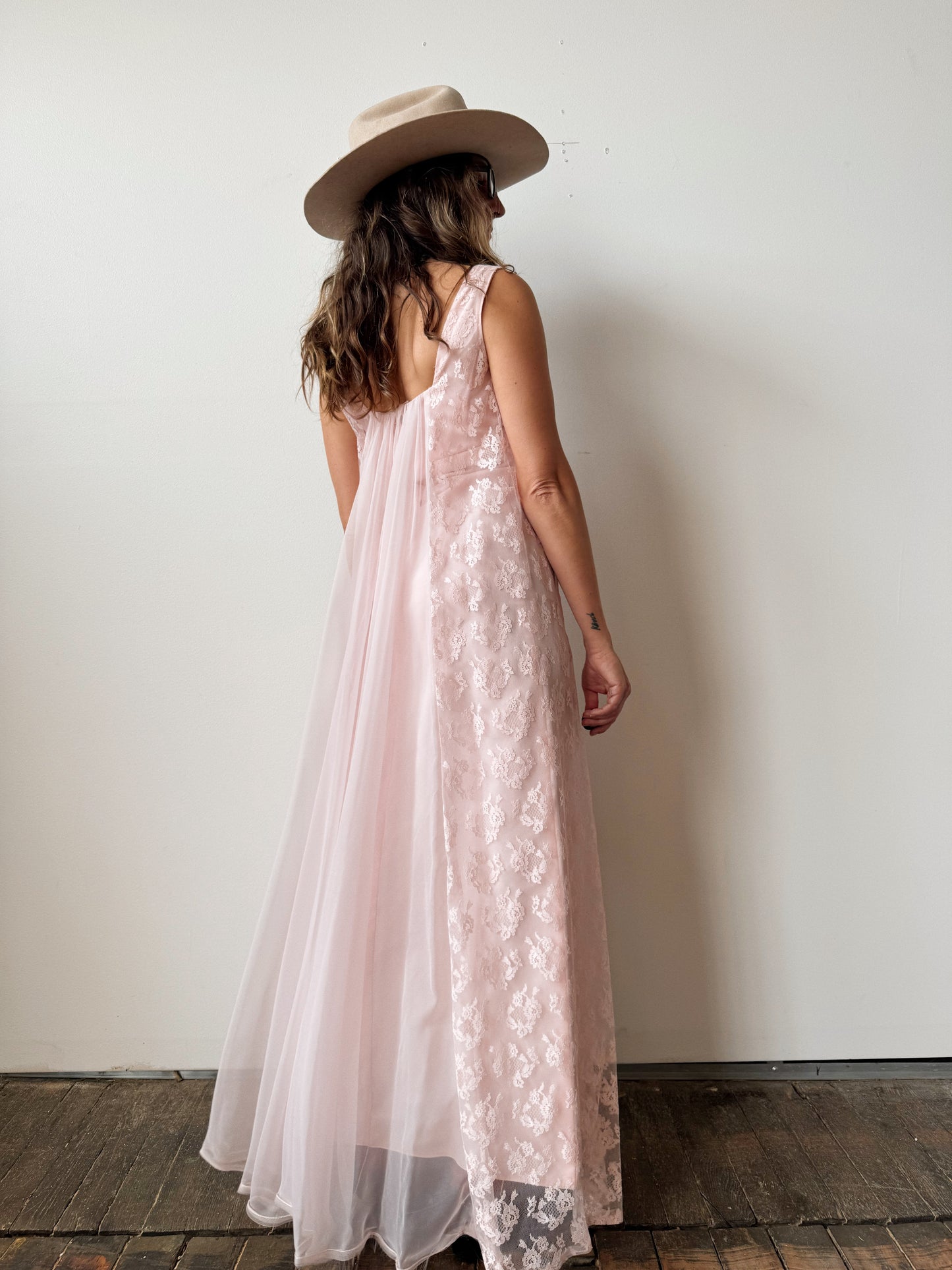 60s Baby Pink Lace Chiffon Empire Dress (XS)