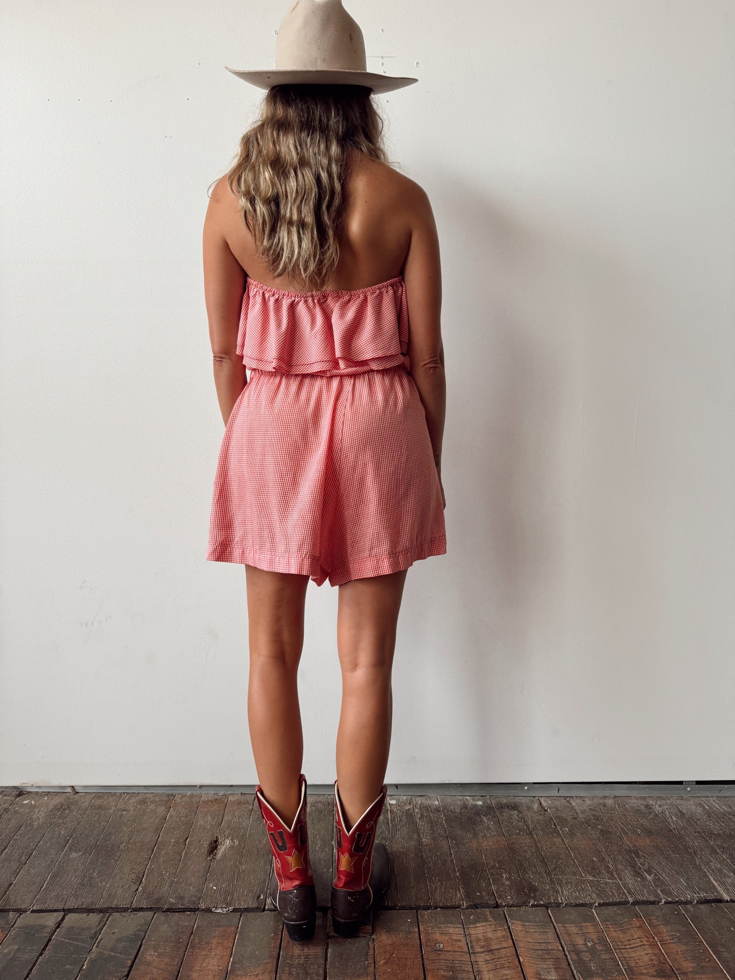 Gingham and Rope Vintage Cotton Ruffle Romper (L)