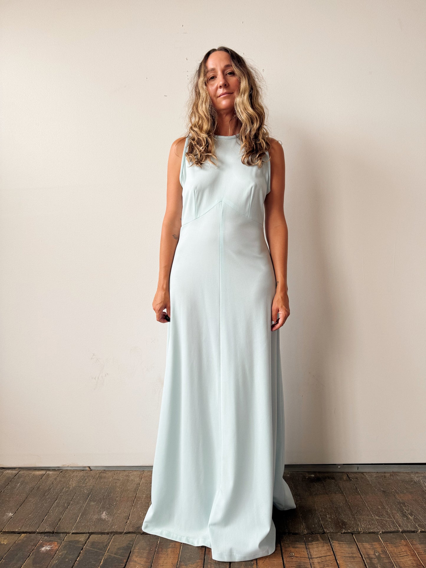 60s Polyester Baby Blue Maxi Dress with Seaming (M)
