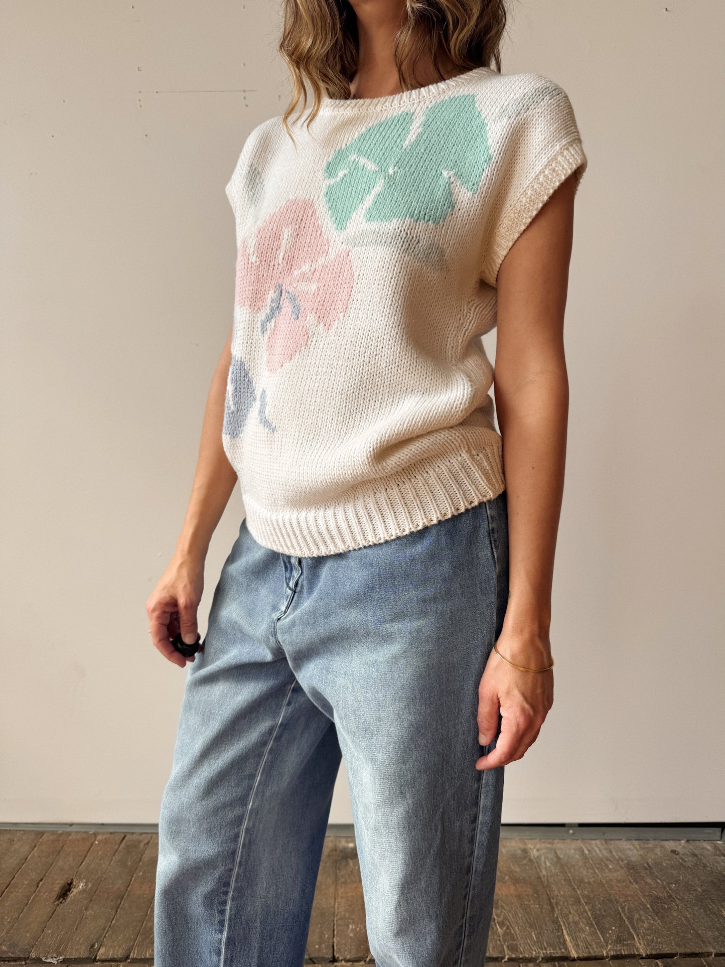 Pastel 90s Hibiscus Knit Summer Sweater (M)