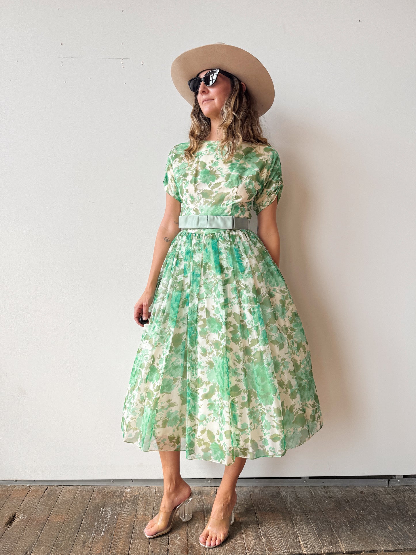 60s Chiffon Floral Overlay Party Dress