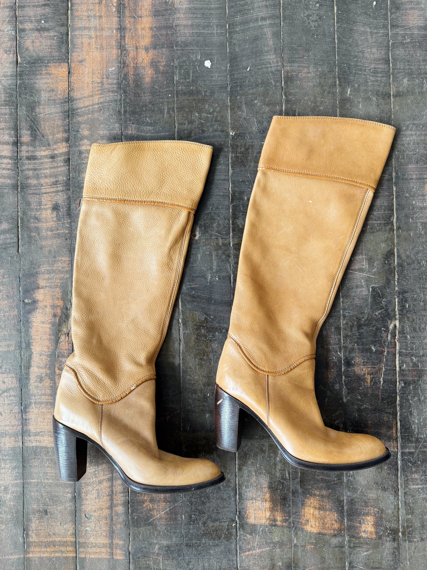 Leather Camel Stacked Heel Knee Boots (38)