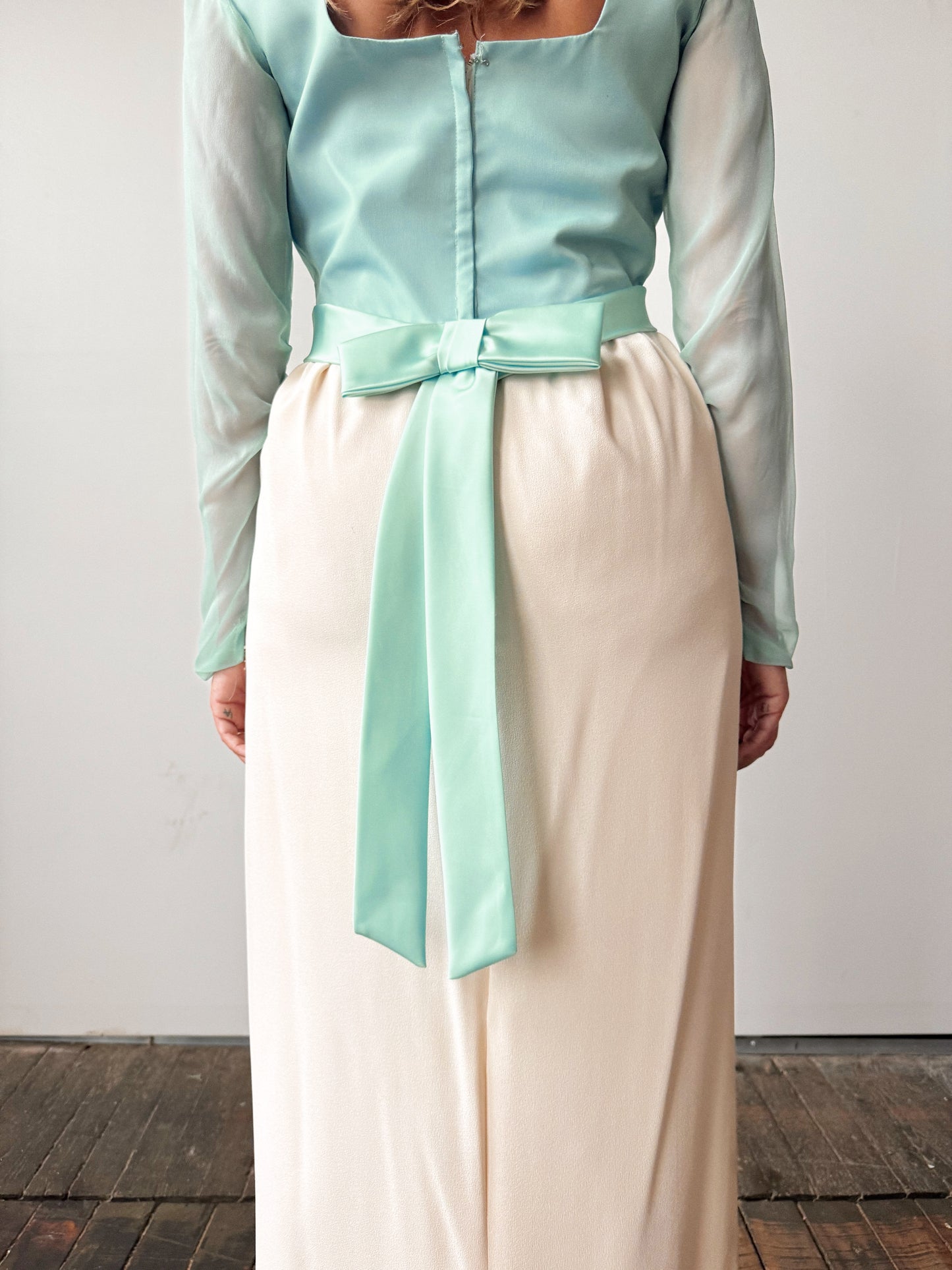 Chiffon 60s Seafoam and Cream Formal Dress (M)