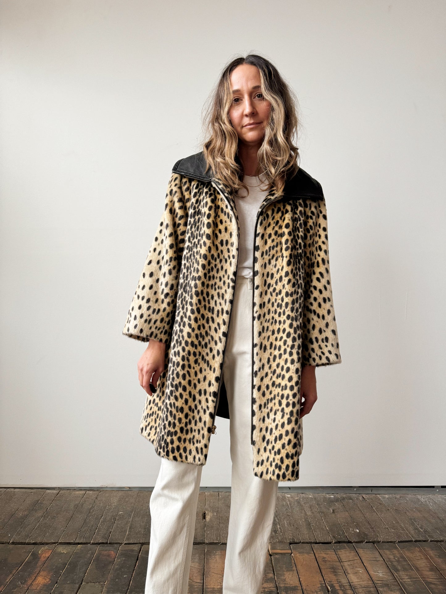 60s Safari Leopard Coat and Leather Swing Coat (M)