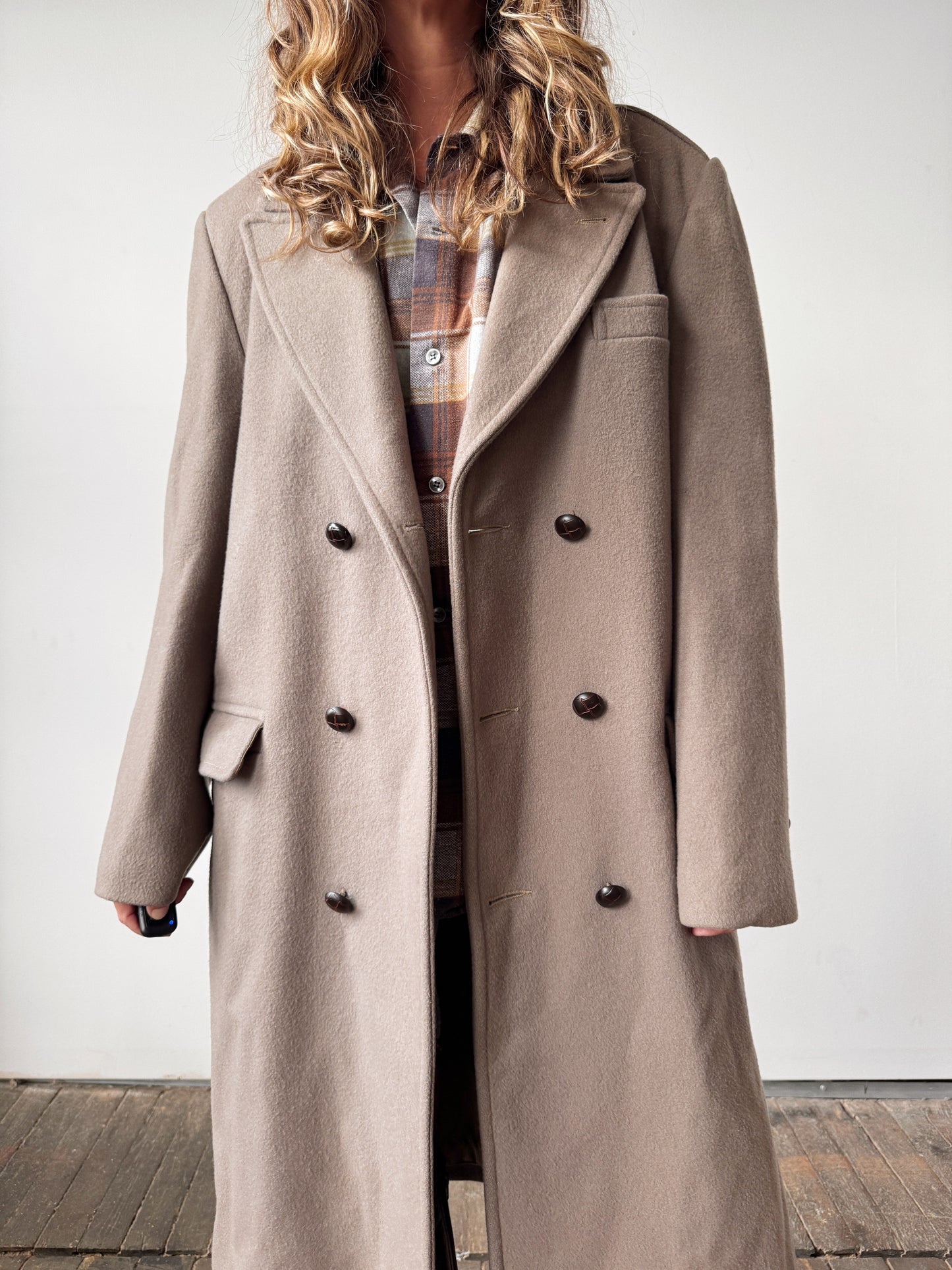 Wool Greige Double-Breasted Coat (L)
