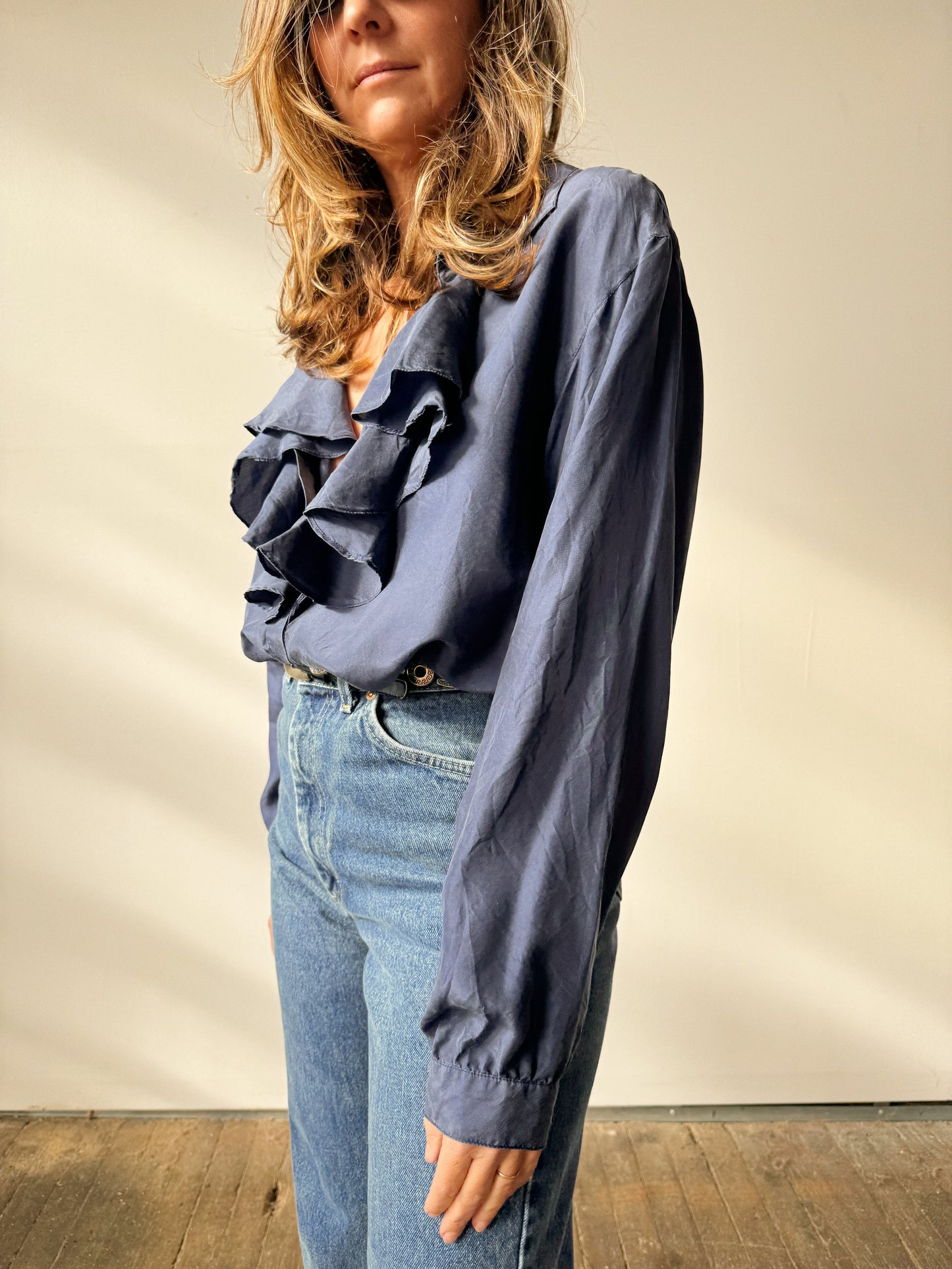 Silk 90s Navy Ruffle Blouse (M)