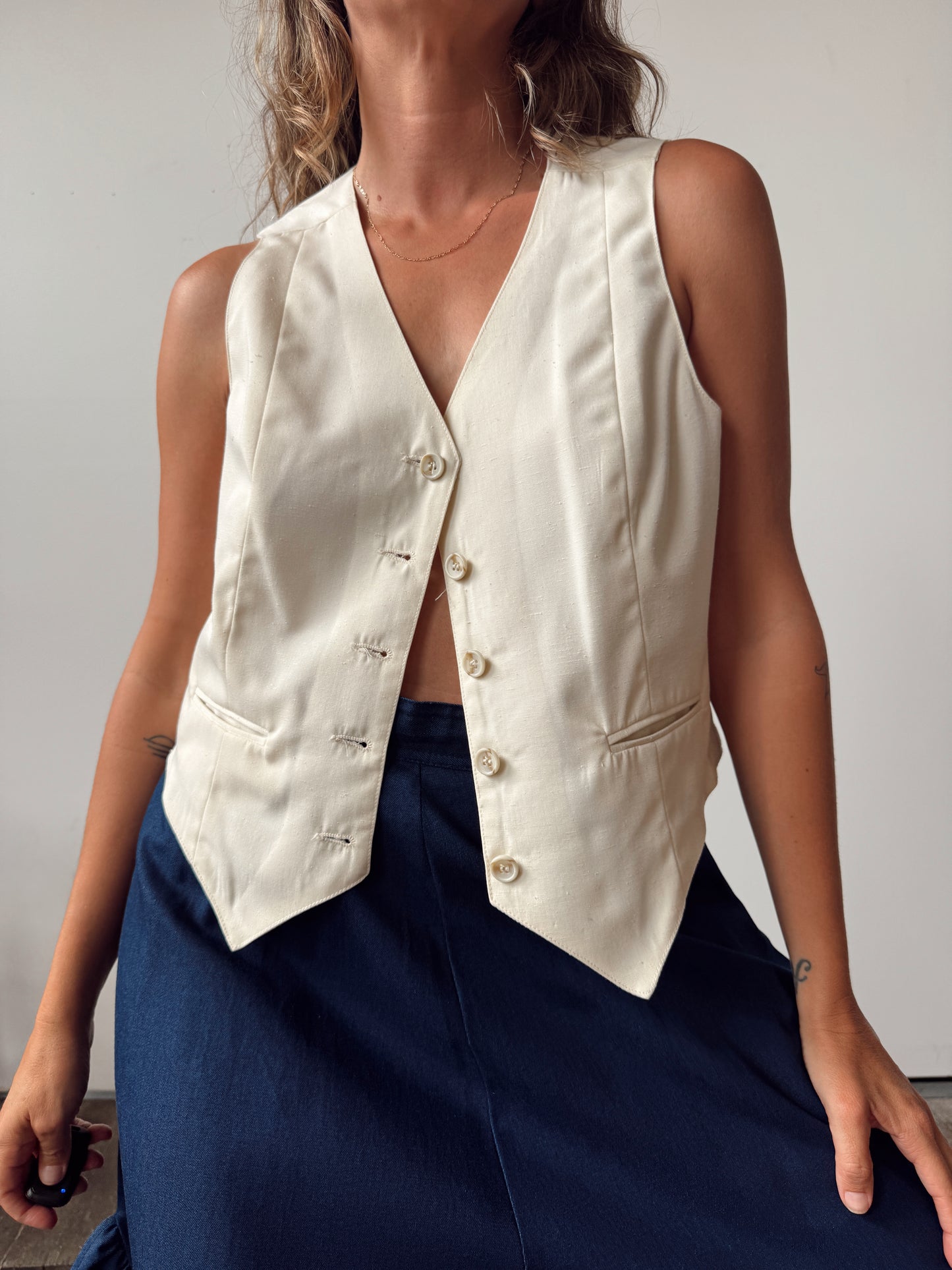 Silk 70s Ivory Button Vest (M)