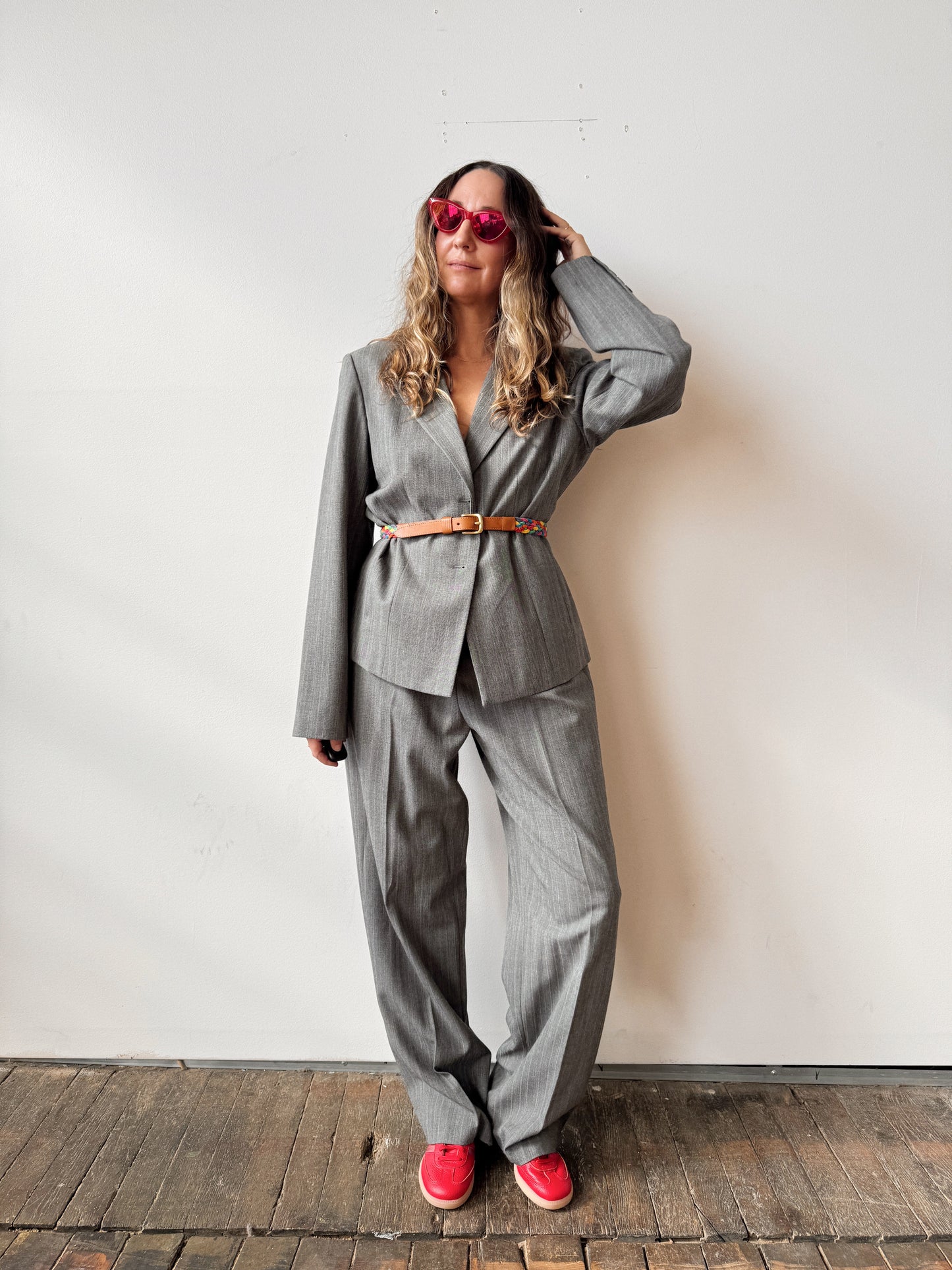 Grey Striped 90s Trouser Pant Suit (L)