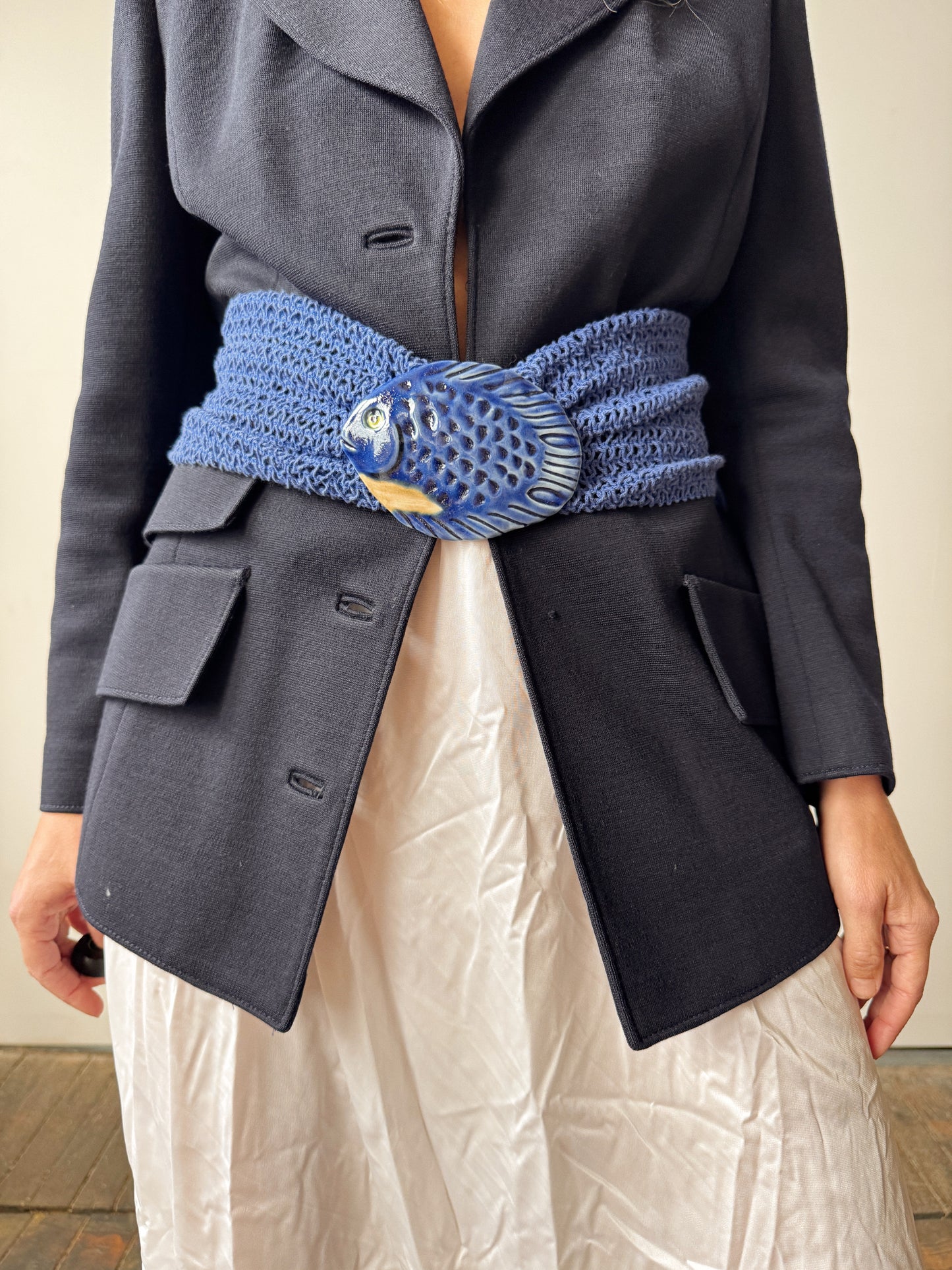 Blue Ceramic Fish Buckle with Crochet Strap 90s Belt