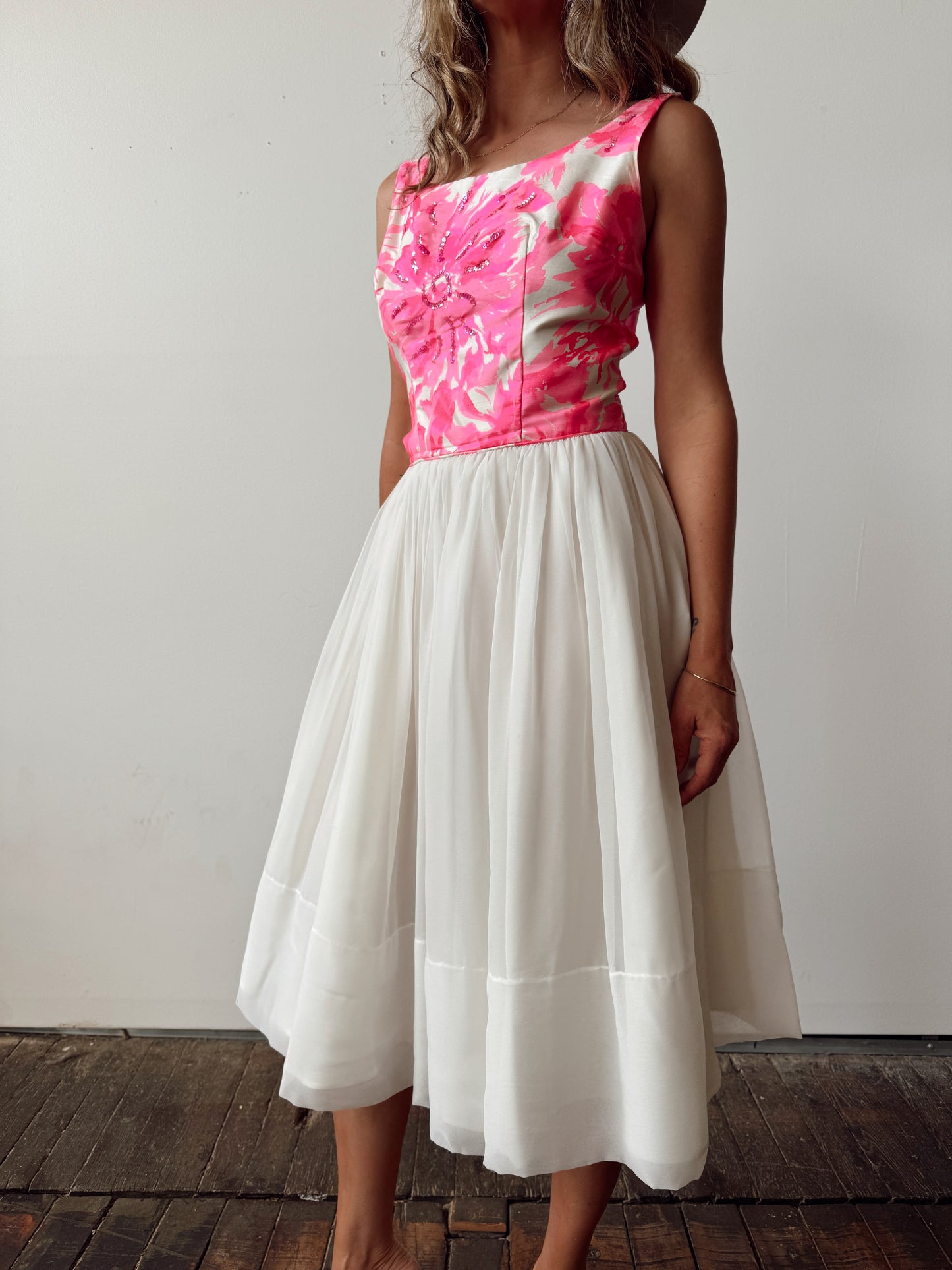 60s Pink Beaded with Chiffon Pleat Skirt (L)