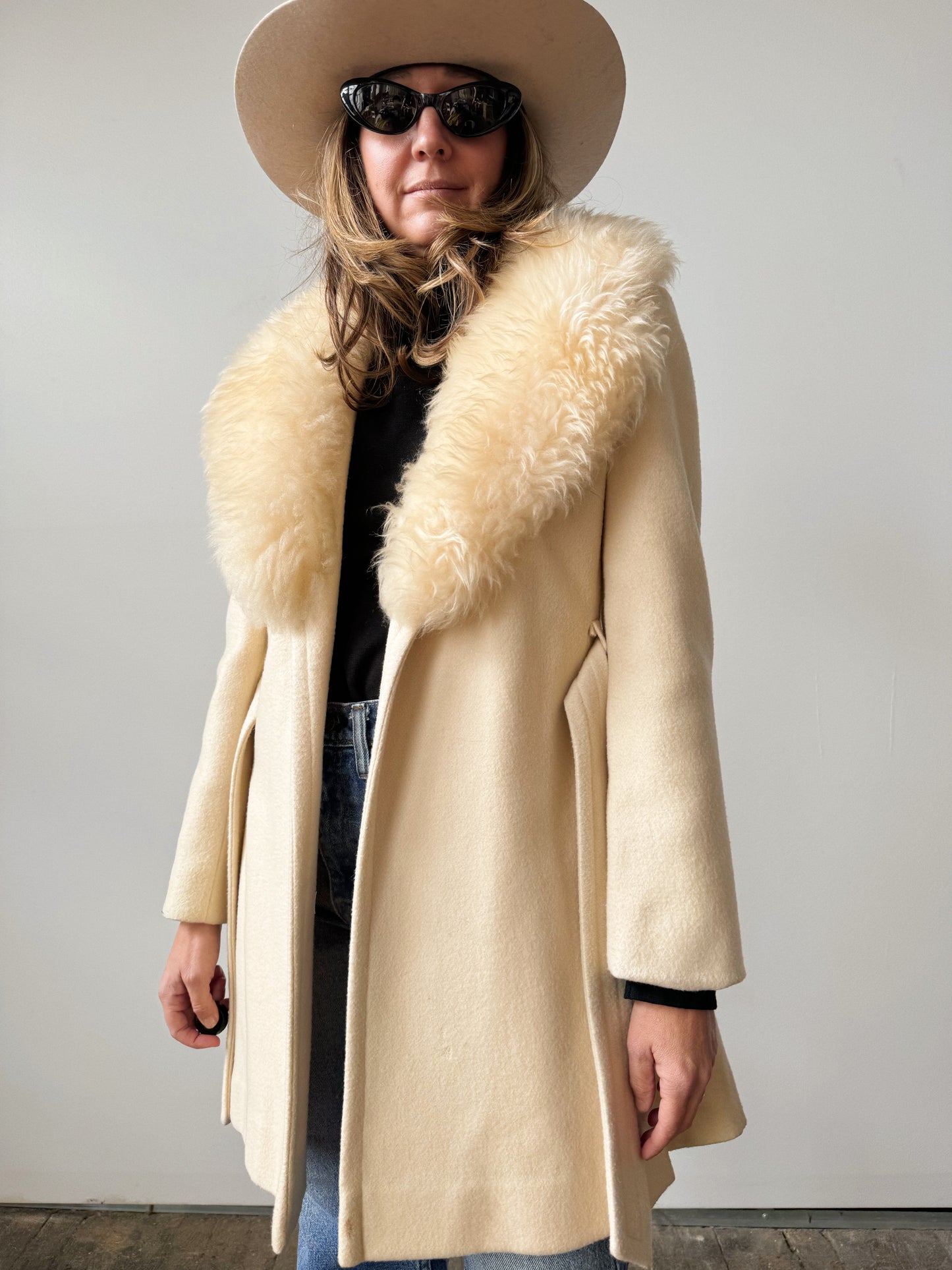 Cream Belted 70s Faux Fur Wool Jacket