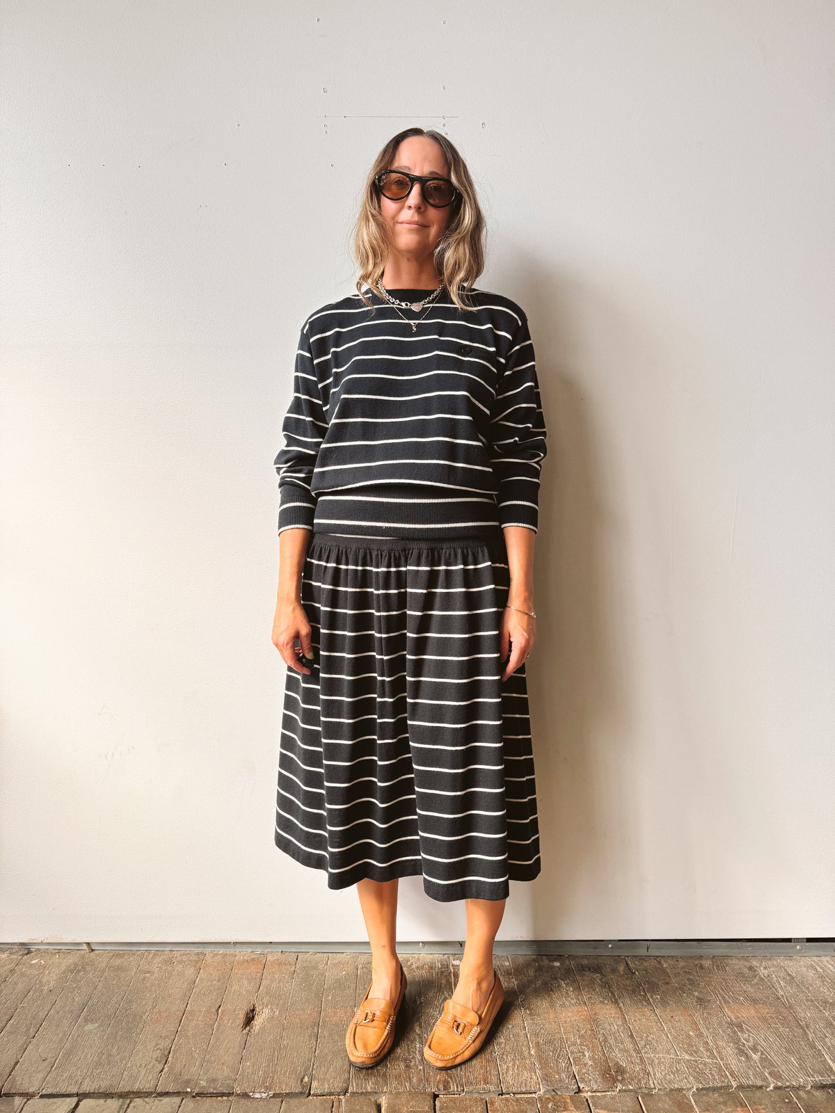 Striped Knit 90s Skirt and Sweater Set (S)