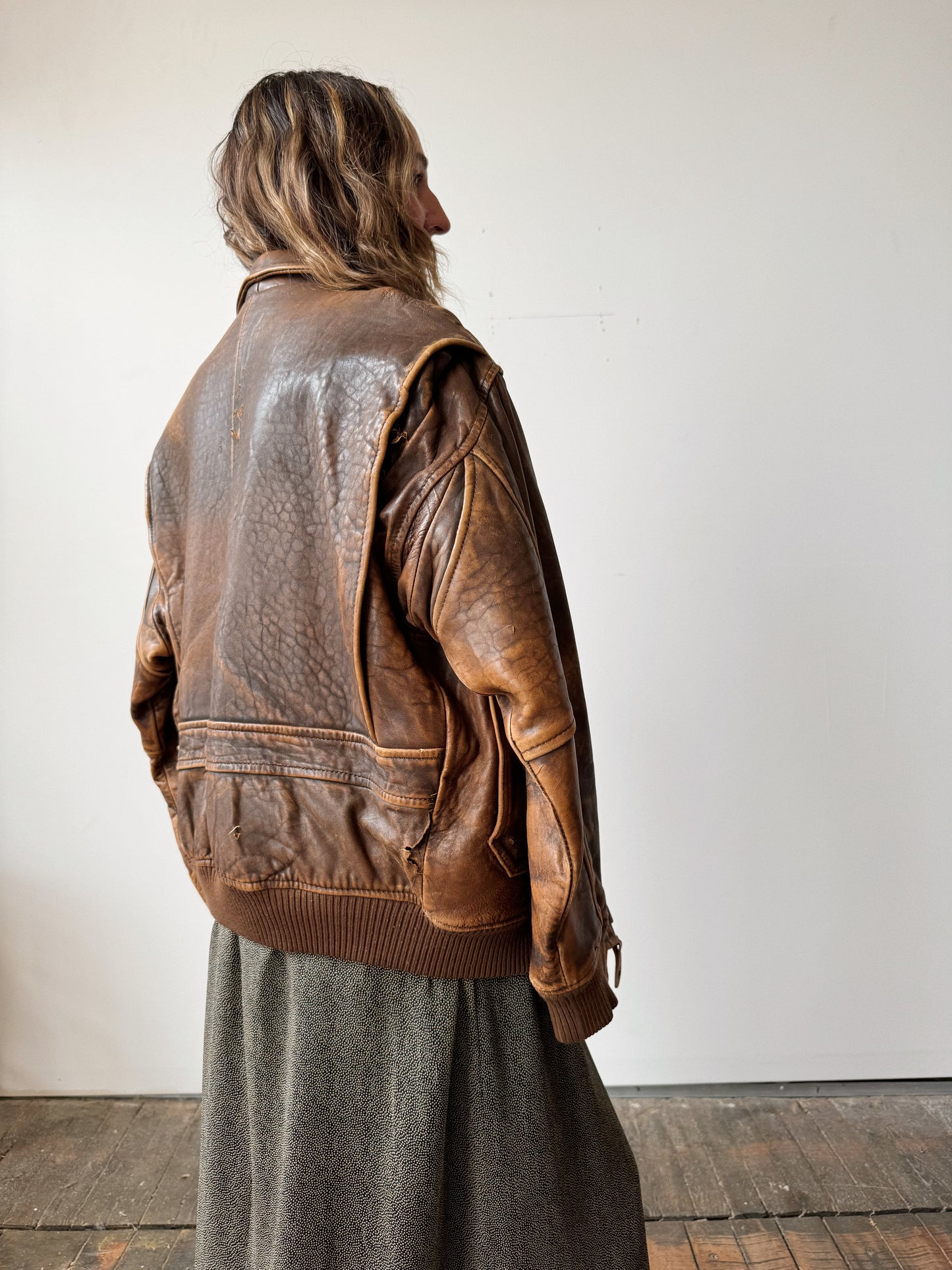 Oversize Distressed Brown Leather Flight Jacket (M)