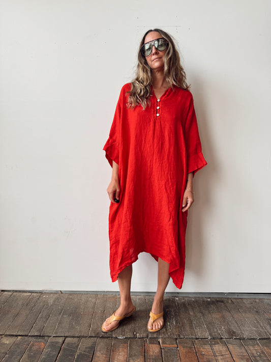 Italian Red Linen Kaftan Dress