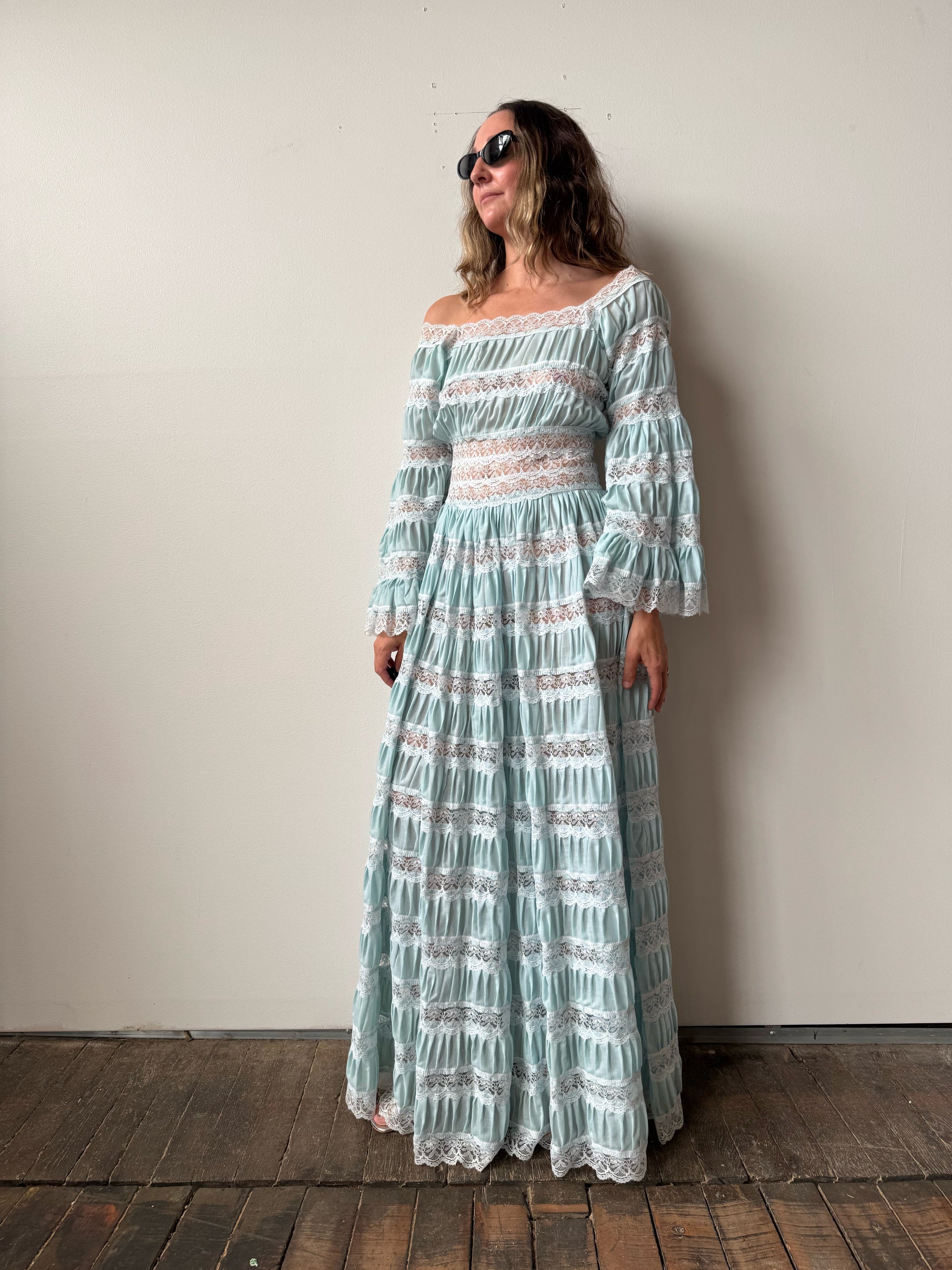 Light Blue and Lace Bell Sleeve 70s Maxi Dress (M) – dry vtg and