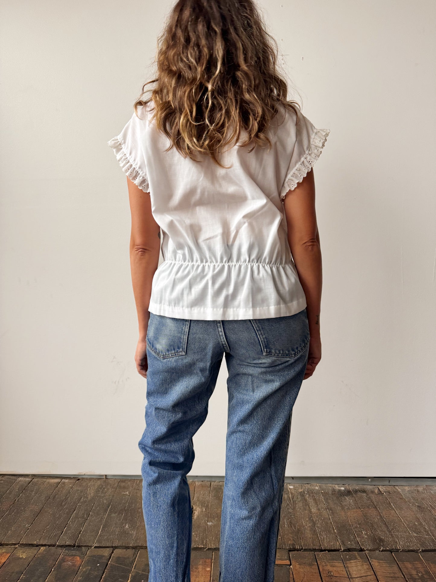 Eyelet White 70s Peplum Blouse (M)