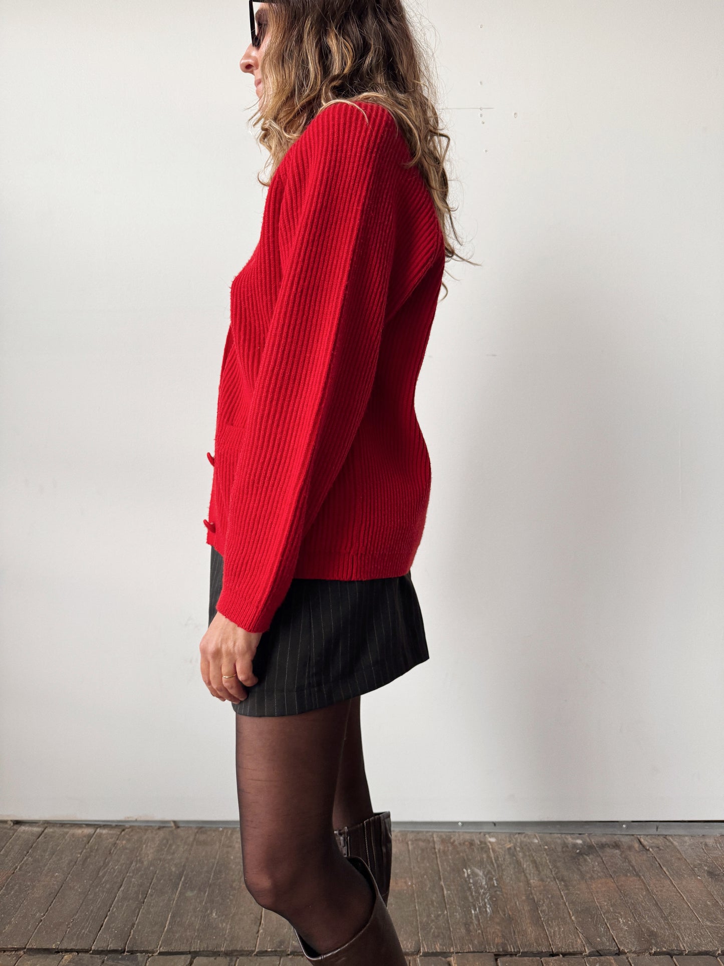 Red Ribbed Knit 90s Cardigan (S)