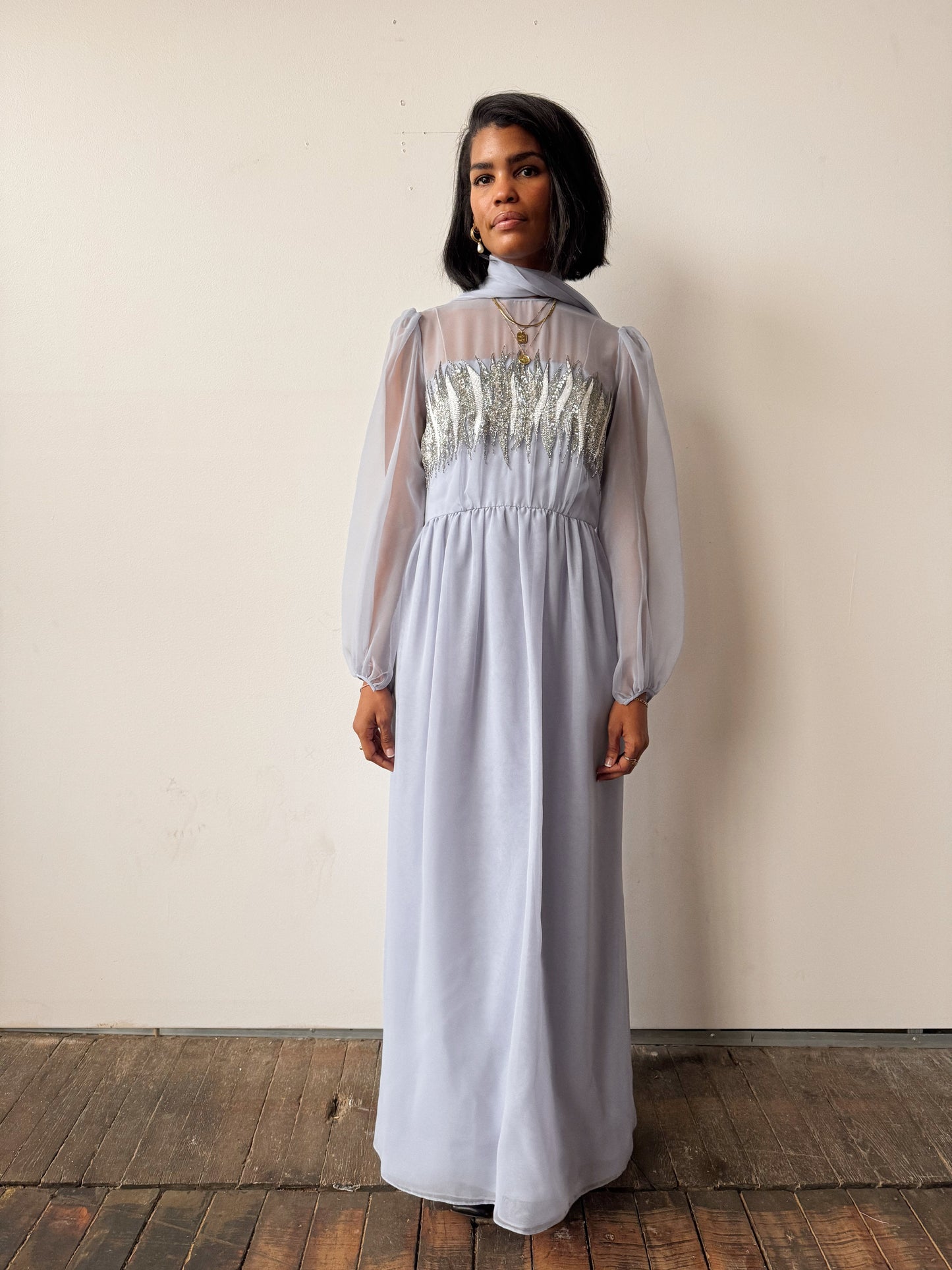 Vintage Beaded Chiffon Sheer Details 70s Dress (M)