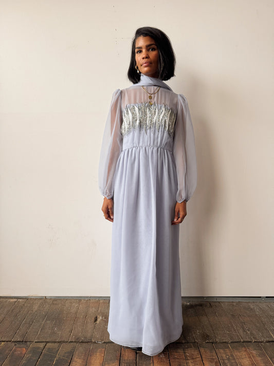 Vintage Beaded Chiffon Sheer Details 70s Dress (M)