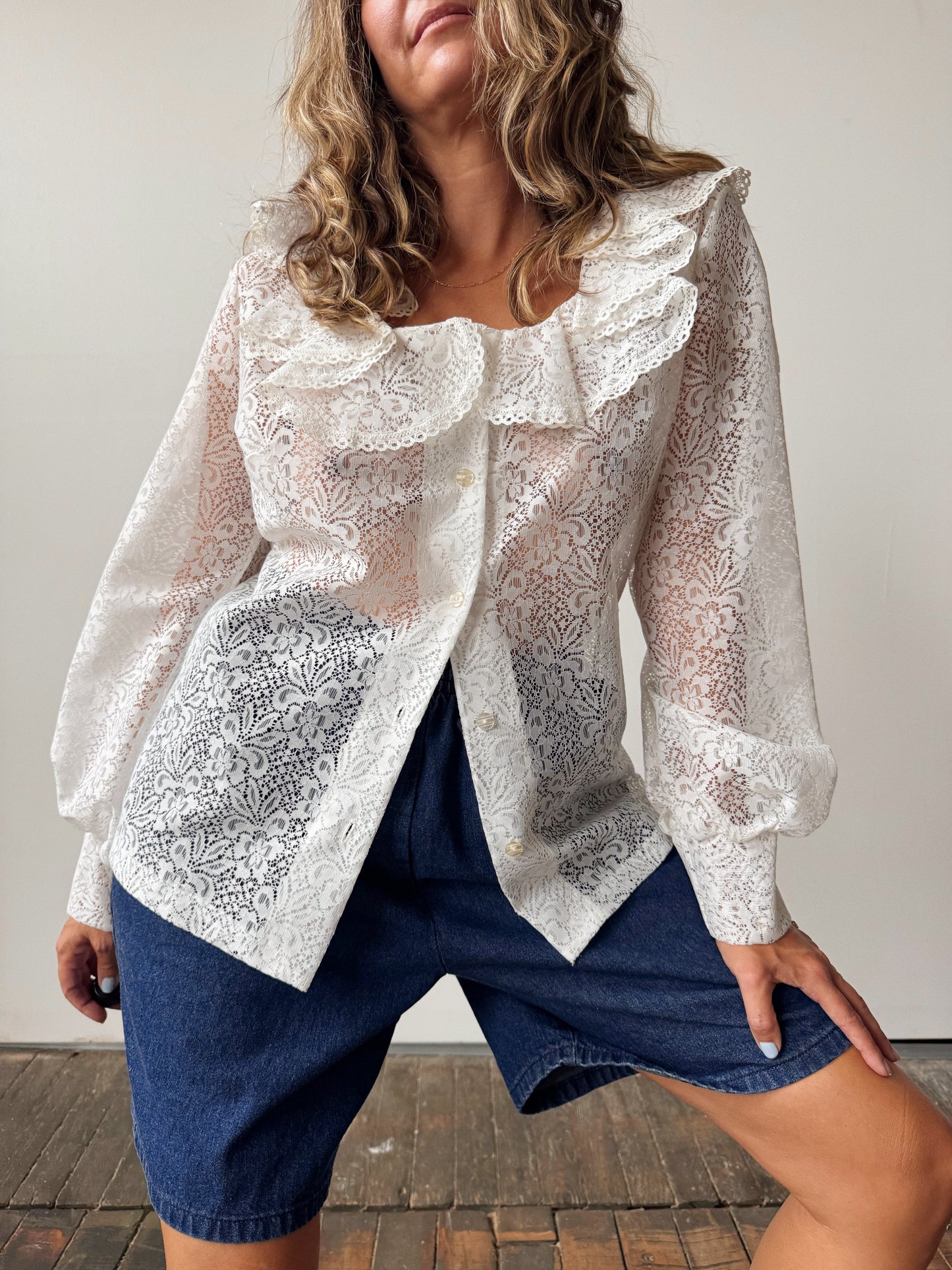 Lace 1950s Nylon Ruffle Blouse (M)