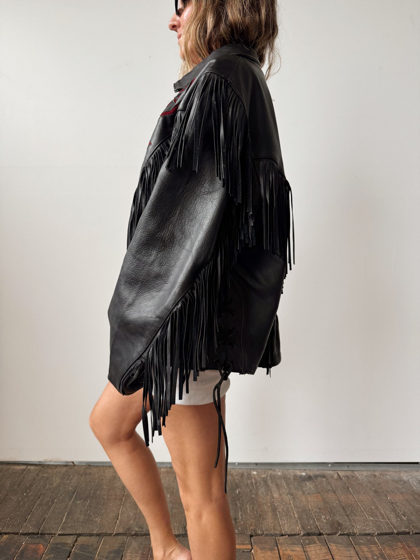 Leather Fringe Motocycle Jacket with Rose Cut-out Details (XL)