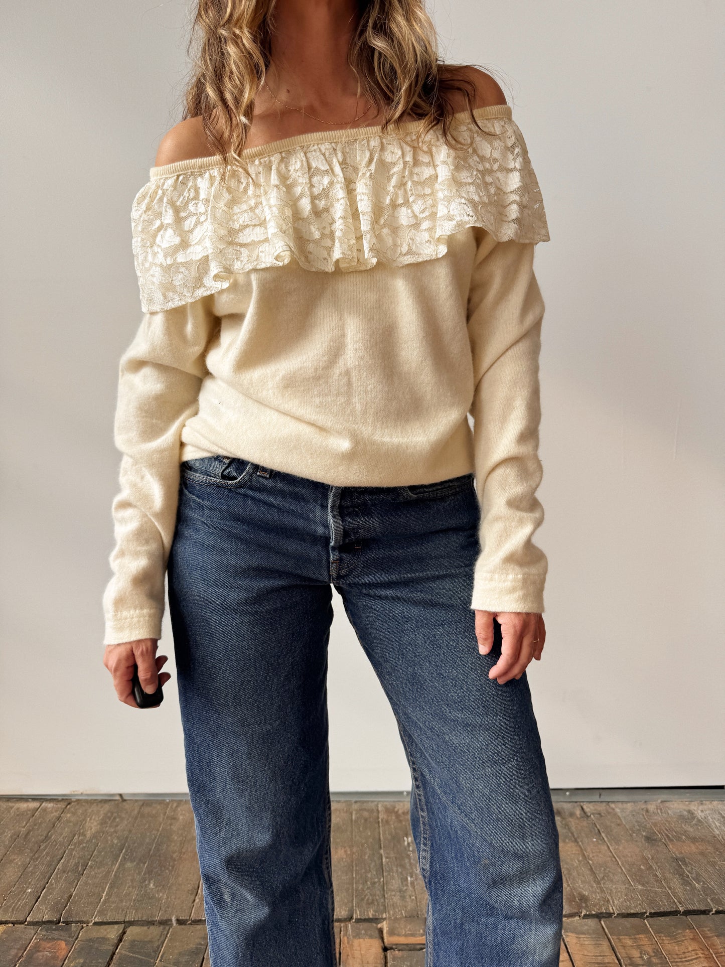 Angora and Lace 90s Off-The-Shoulder Sweater (M)