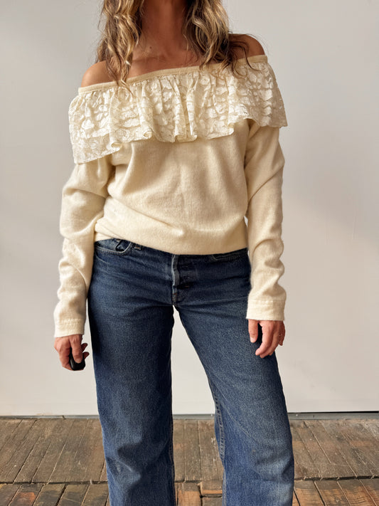 Angora and Lace 90s Off-The-Shoulder Sweater (M)