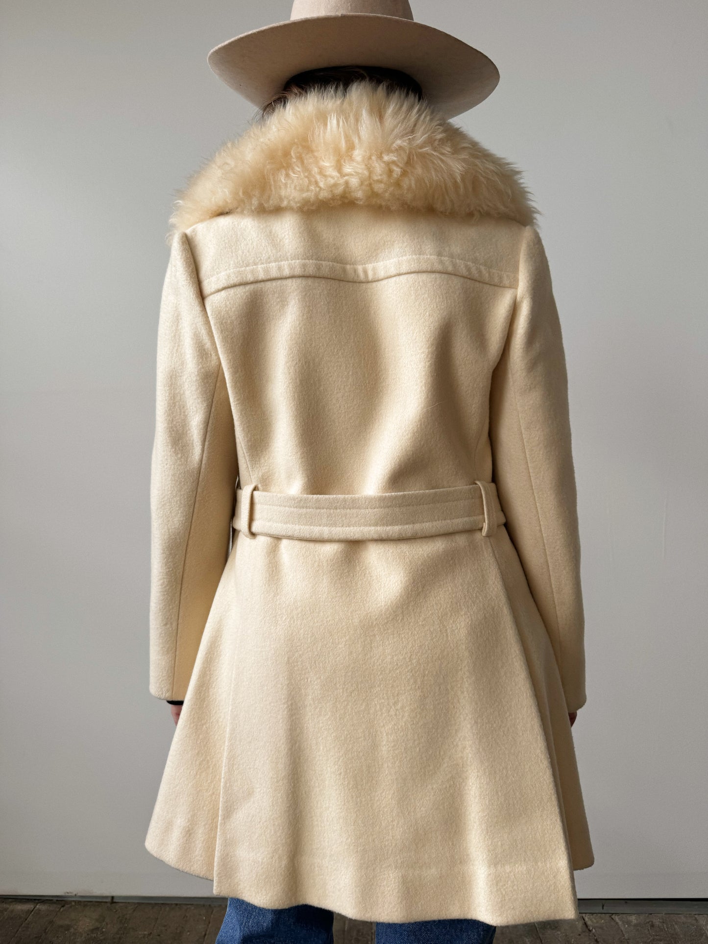 Cream Belted 70s Faux Fur Wool Jacket