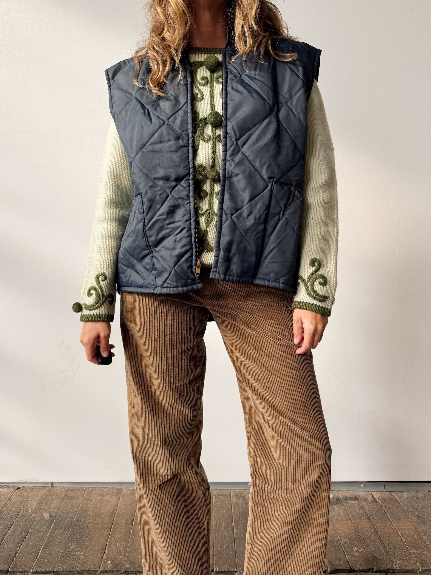 Vintage Quilted Navy Zip Sportswear Vest (M)