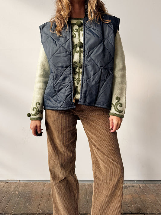 Vintage Quilted Navy Zip Sportswear Vest (M)