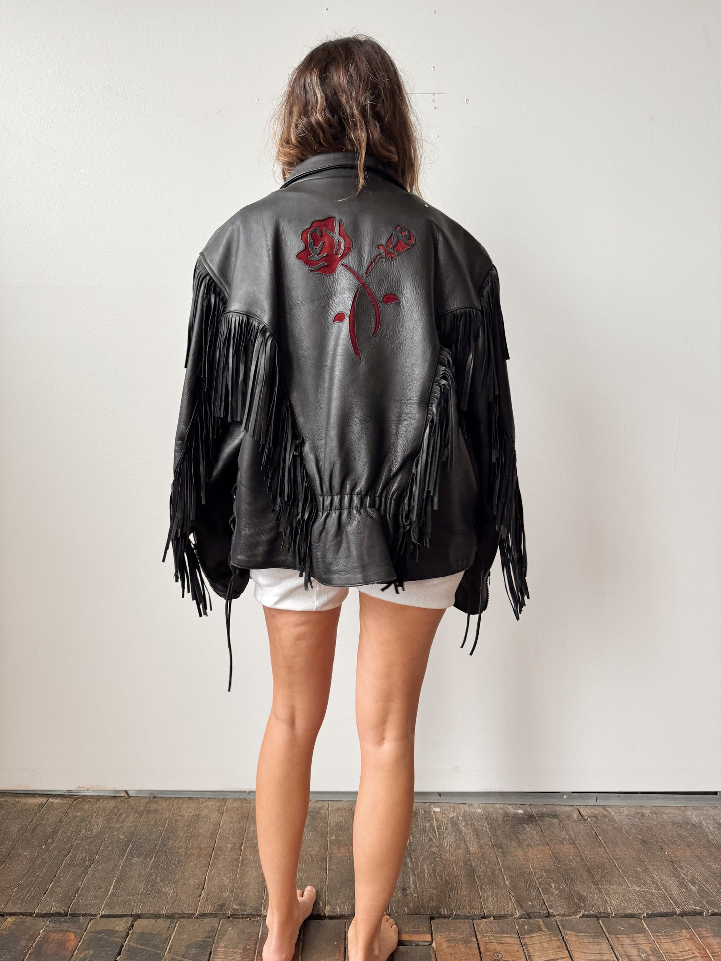 Leather Fringe Motocycle Jacket with Rose Cut-out Details (XL)
