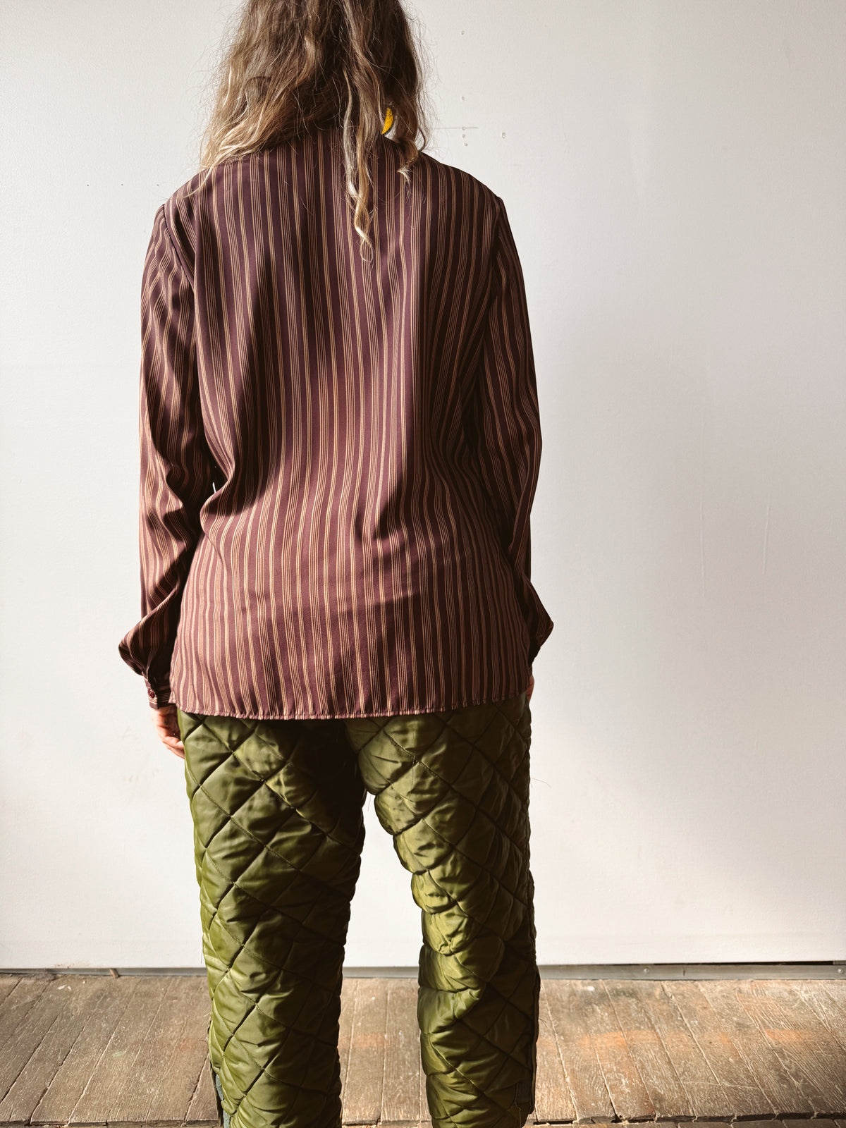Burgamdy Tie-Neck Striped 90s Blouse (M)