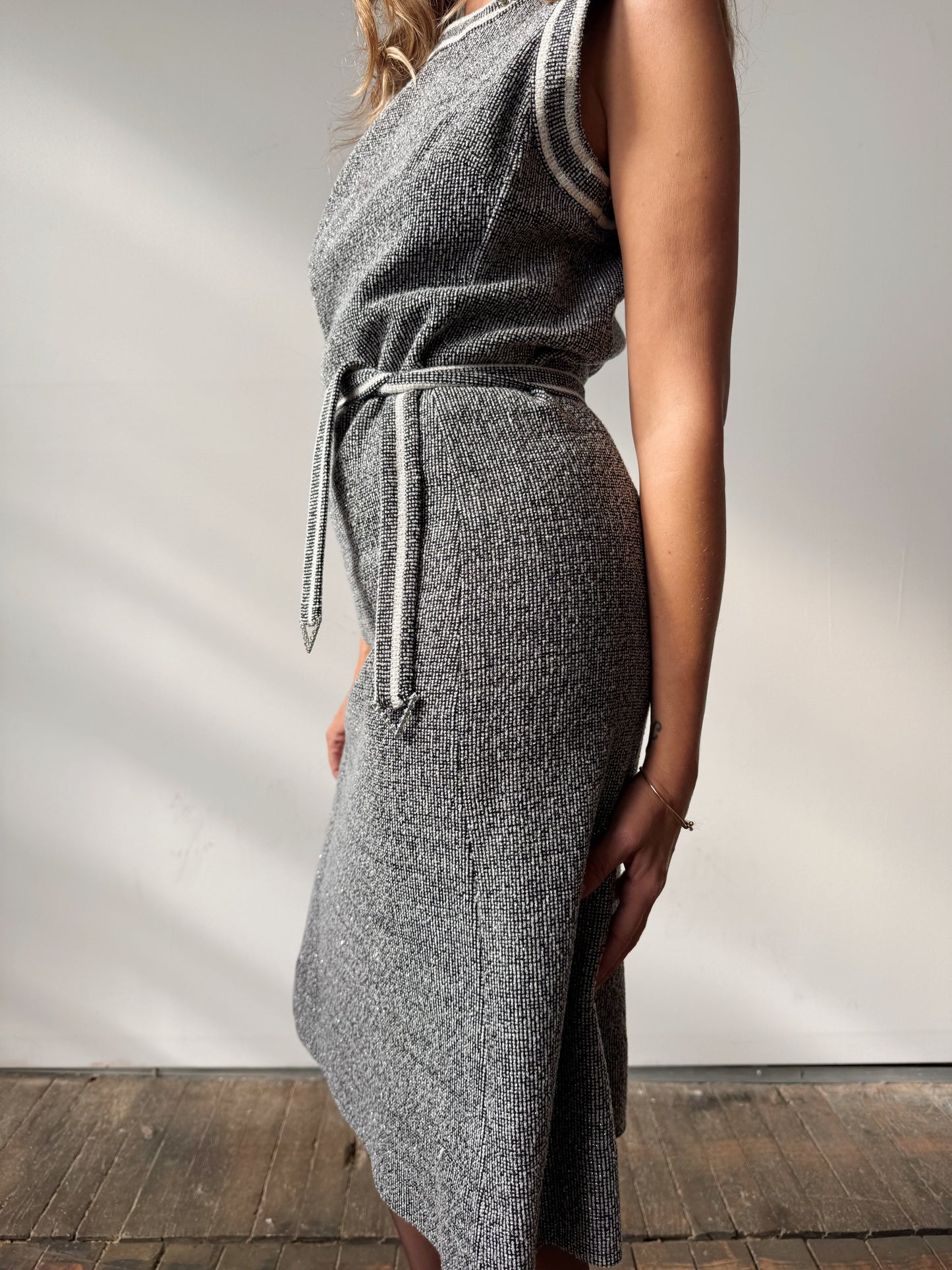 Vintage 70s PLW Silver Metallic Dress with Rhinestone Details (M)