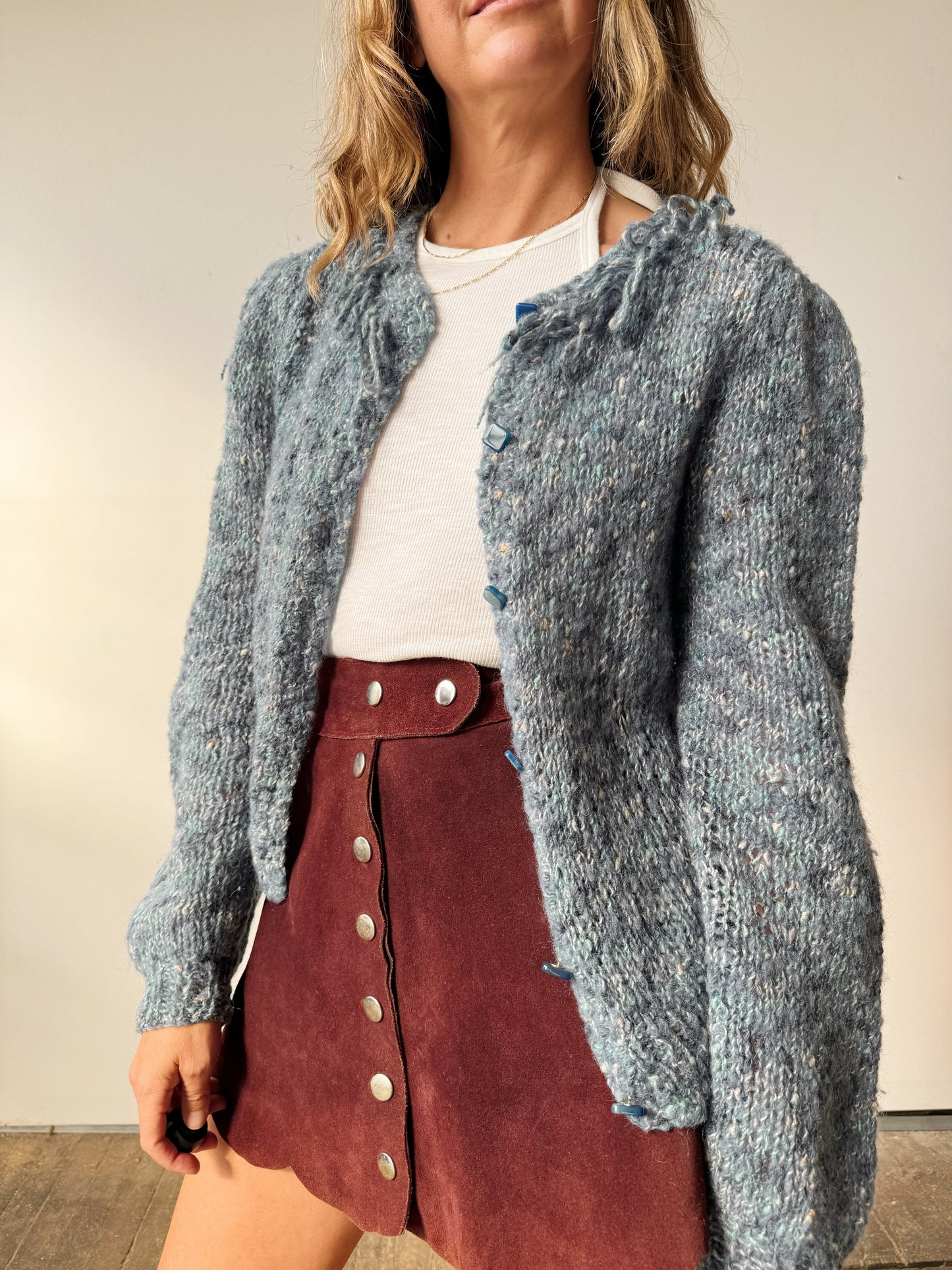 Fringe Collar Melange Blue Cardigan (M)