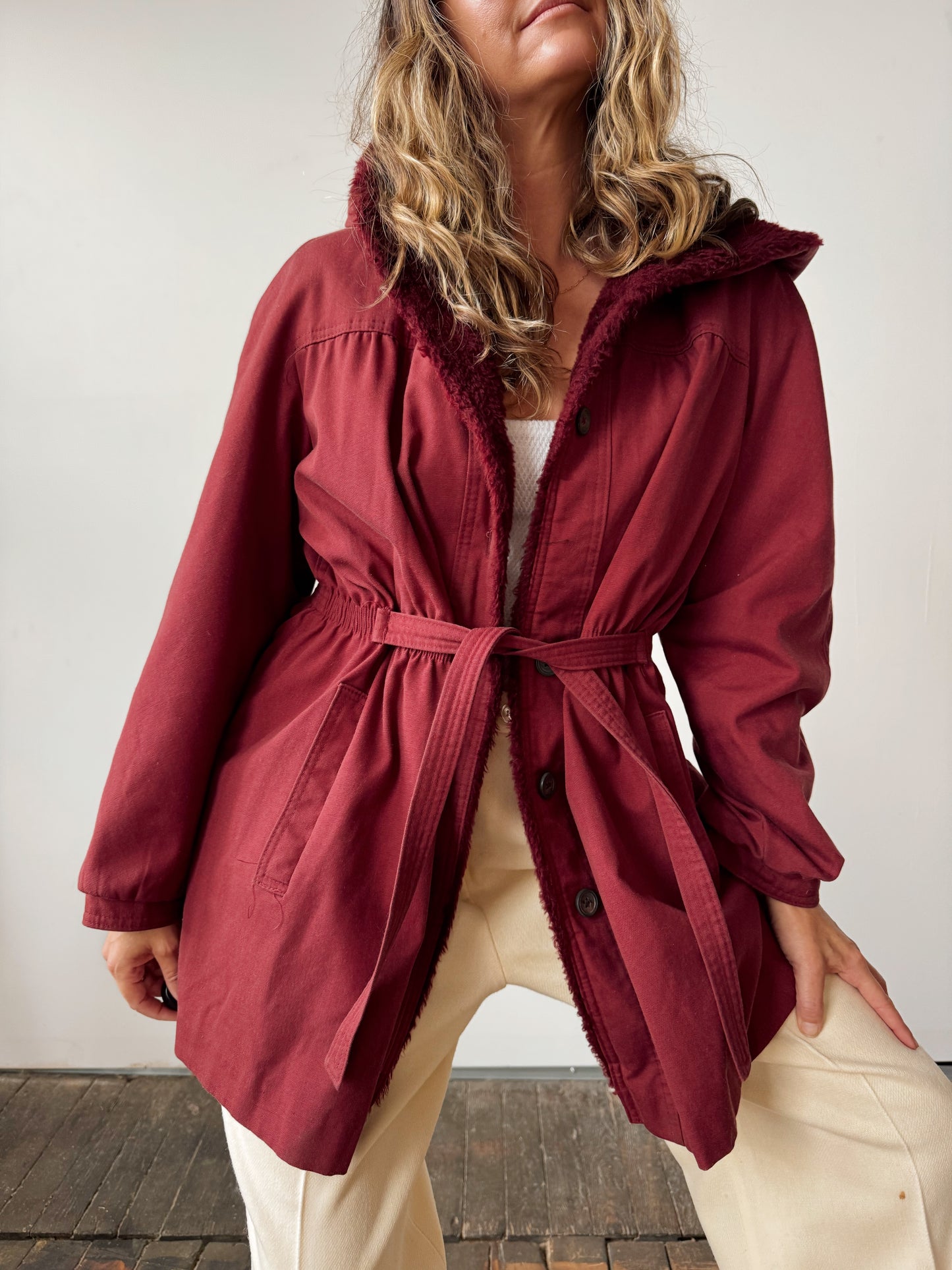 Burgandy Bonders Hooded Faux Fur-lined Coat (M)