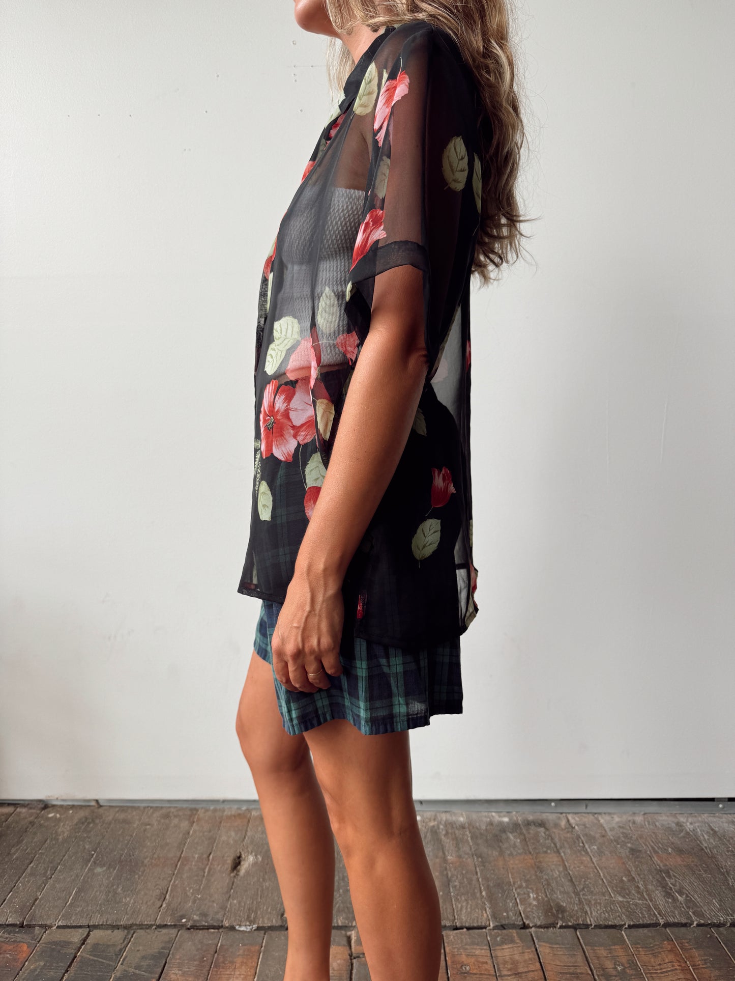 Sheer 90s Floral and Black Blouse (L)