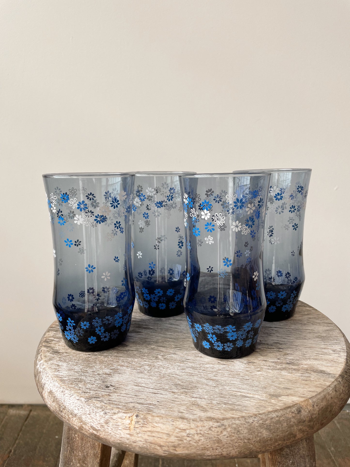 Libbey Blue Daisy Glasses MCM, Set of 4