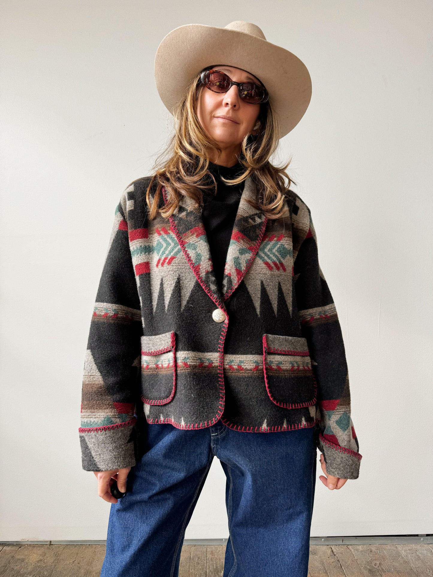 Blanket Jacket Southwestern Print Coat Wool Blend (L)