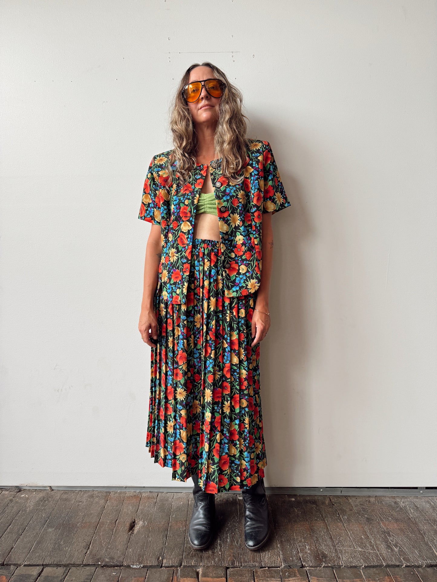 80s Floral Maxi Pleat Skirt Suit (M)