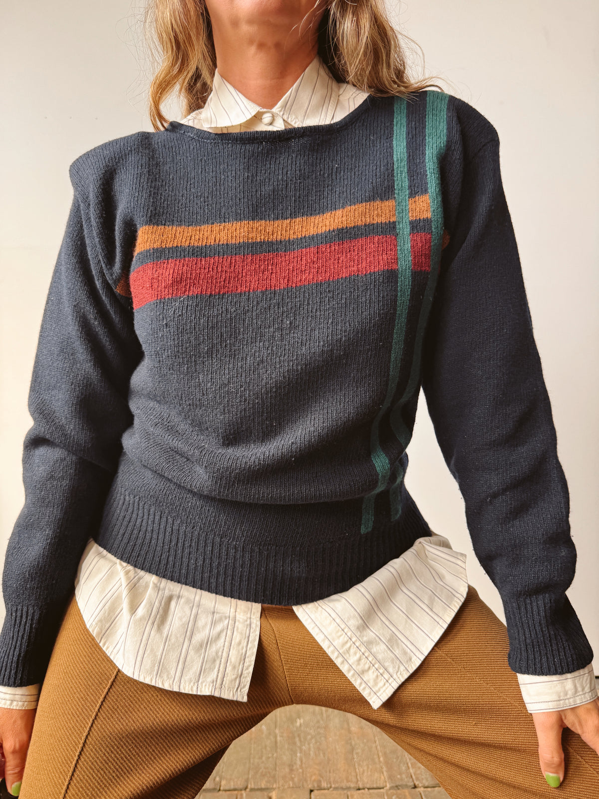 Navy Graphic Stripes Wool 80s Sweater
