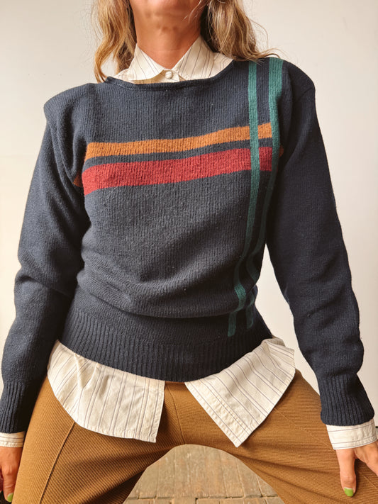 Navy Graphic Stripes Wool 80s Sweater