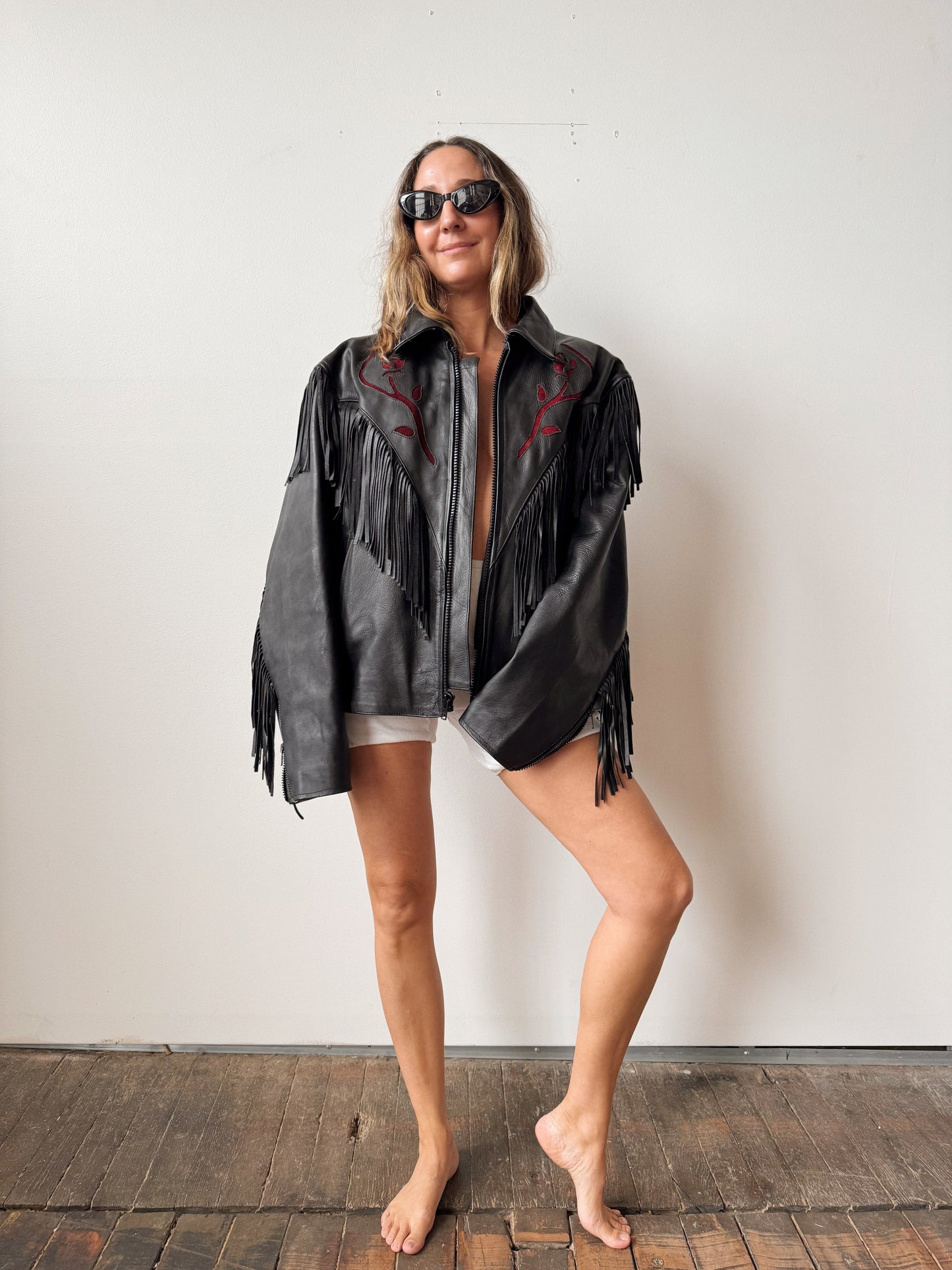 Leather Fringe Motocycle Jacket with Rose Cut-out Details (XL)