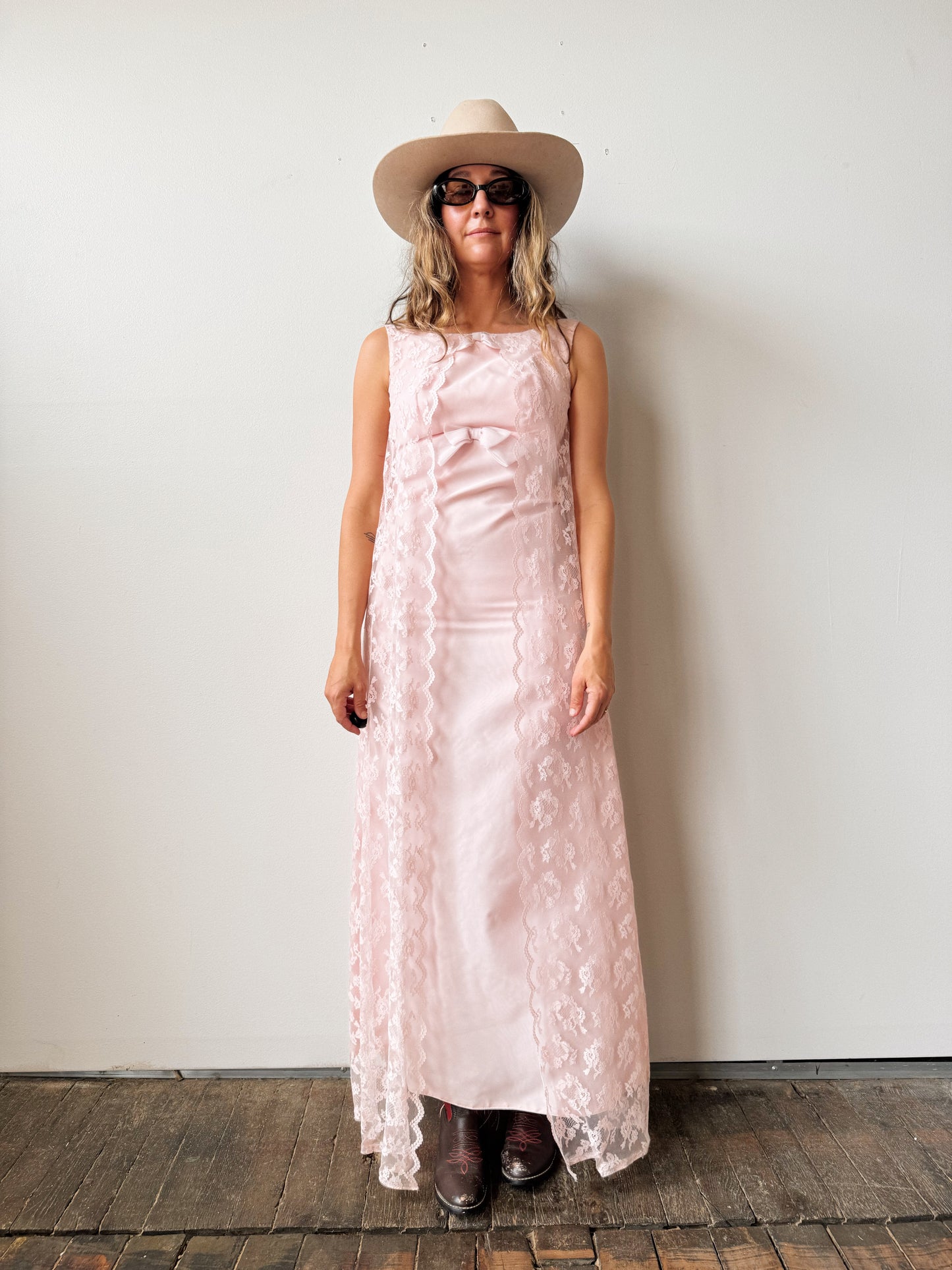 60s Baby Pink Lace Chiffon Empire Dress (XS)