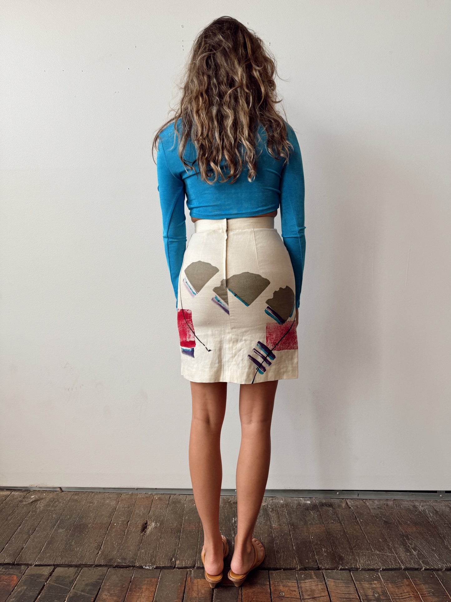 Hand-Dyed Geometric Linen 90s Skirt (25")
